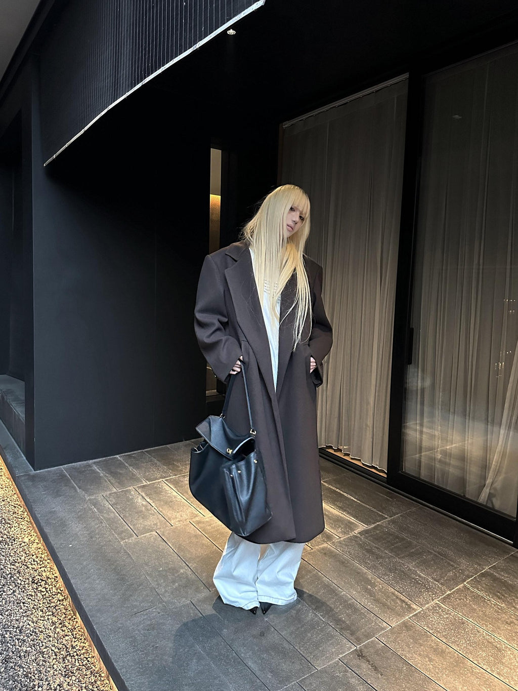 Rase le sol Coffee Brown Notched Lapel Oversized Women's Wool Long Coats