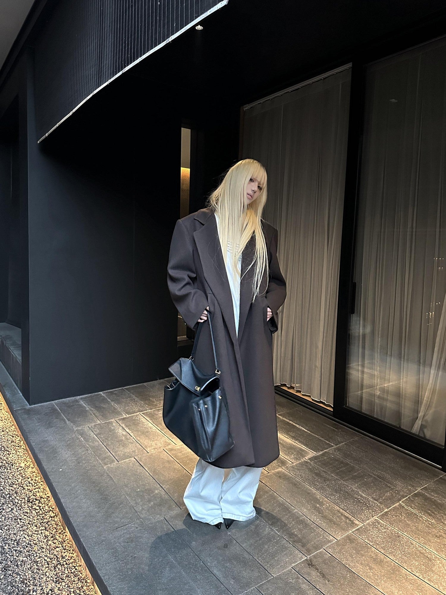 Rase le sol Coffee Brown Notched Lapel Oversized Women's Wool Long Coats