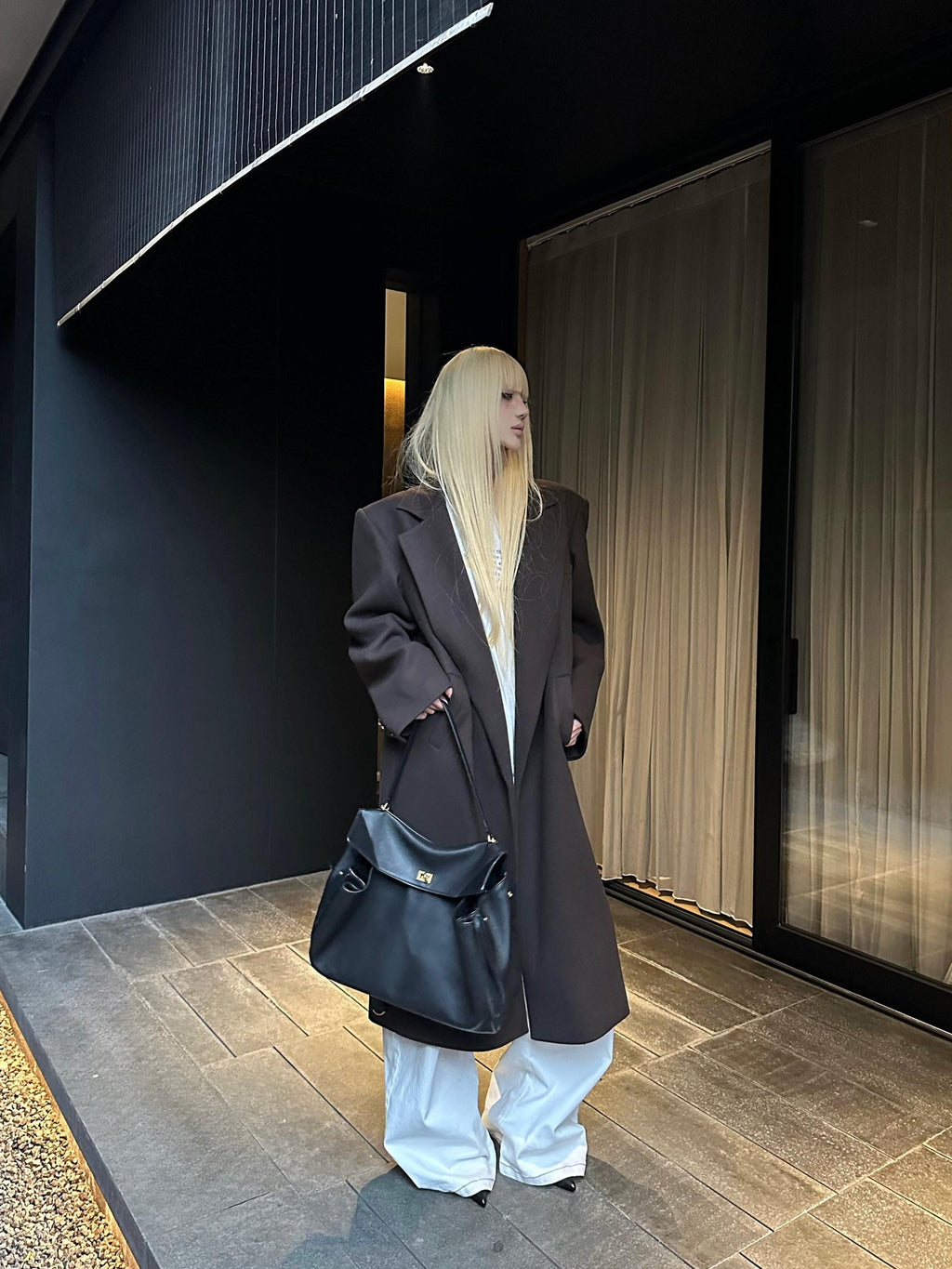 Rase le sol Coffee Brown Notched Lapel Oversized Women's Wool Long Coats
