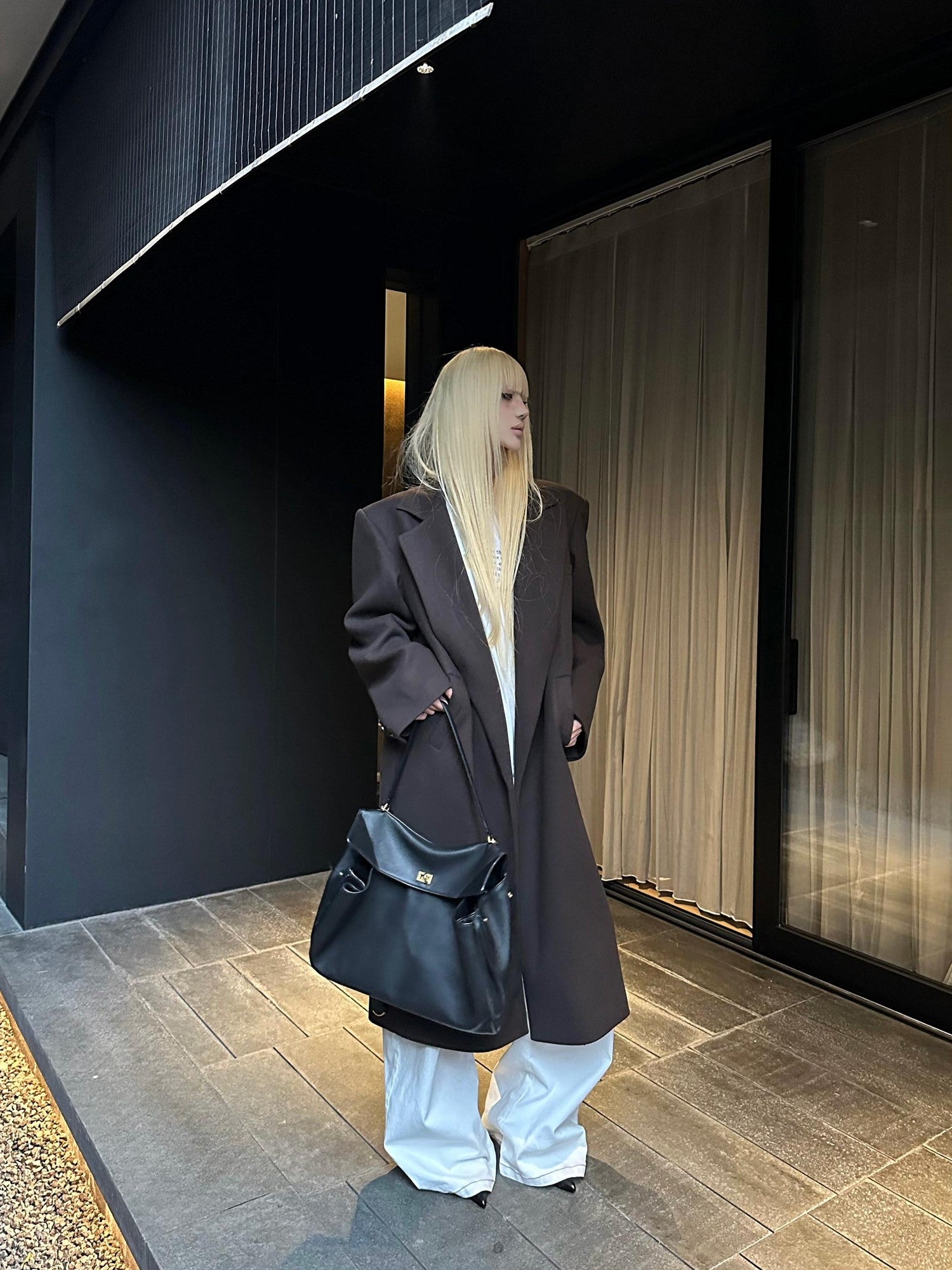 Rase le sol Coffee Brown Notched Lapel Oversized Women's Wool Long Coats