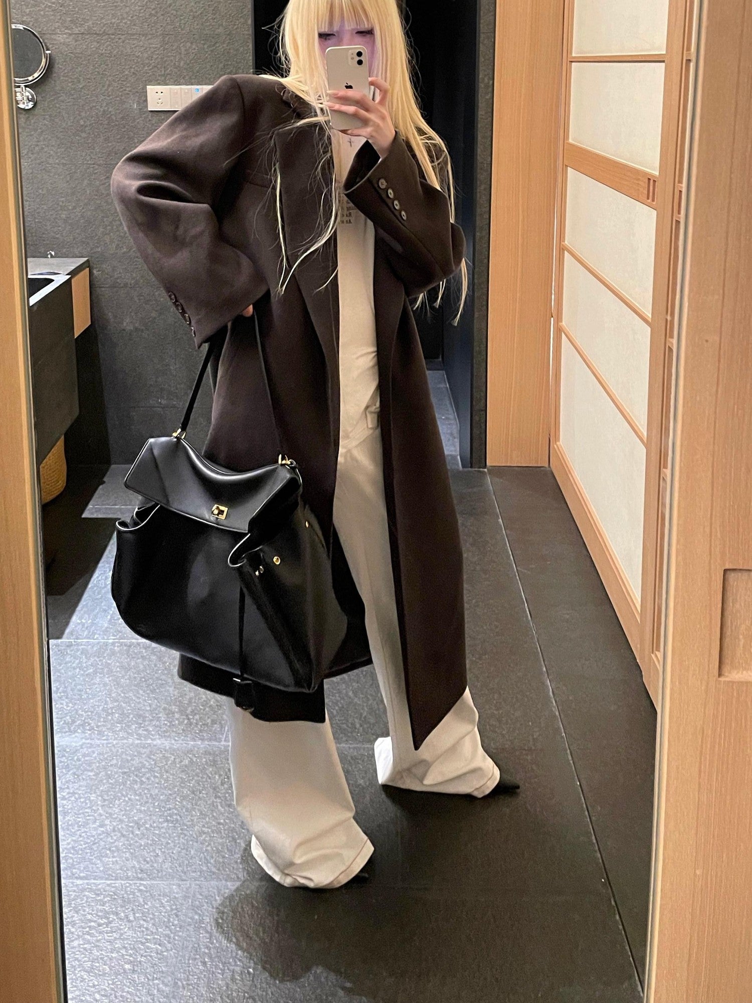 Rase le sol Coffee Brown Notched Lapel Oversized Women's Wool Long Coats