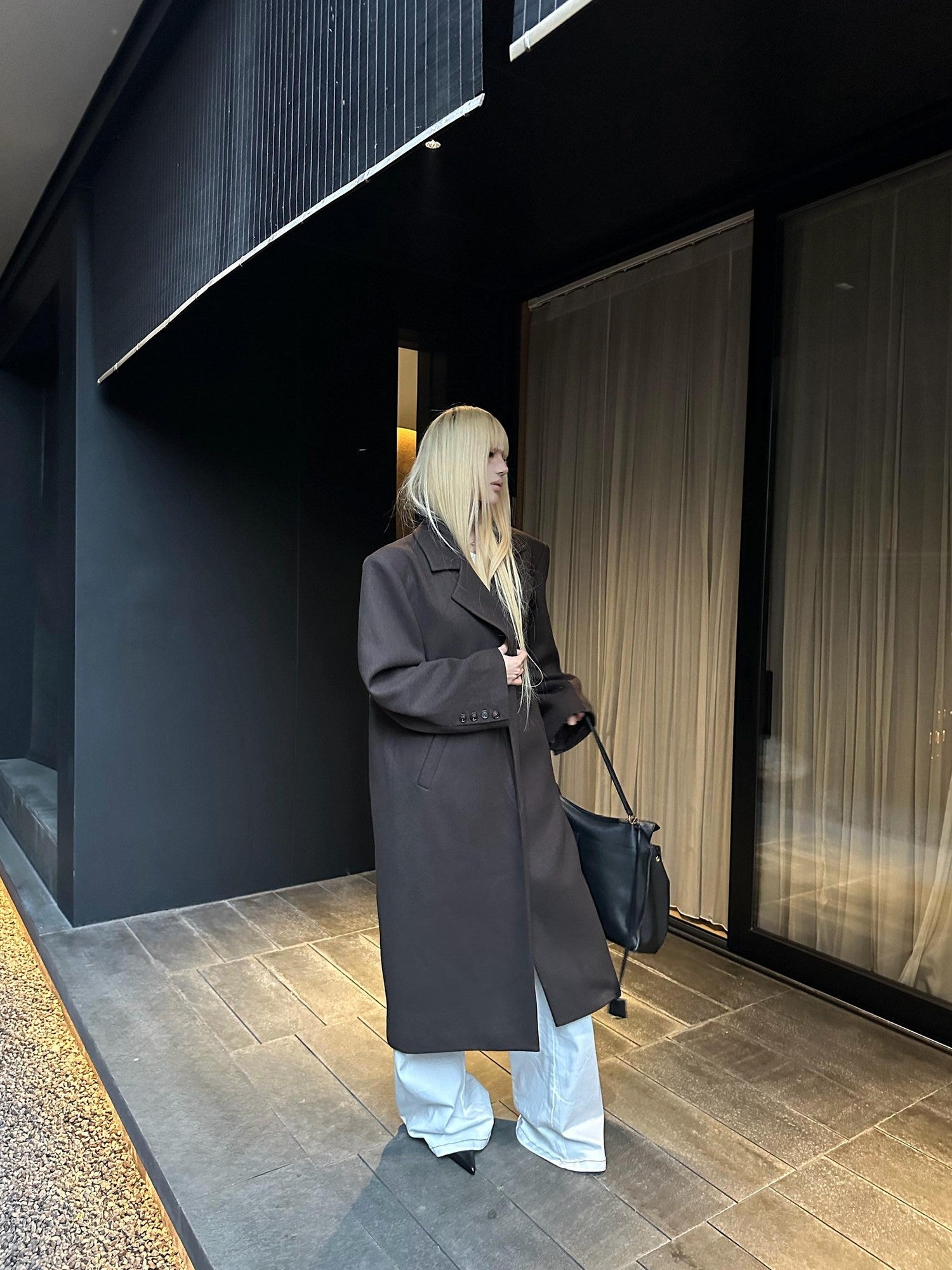 Rase le sol Coffee Brown Notched Lapel Oversized Women's Wool Long Coats
