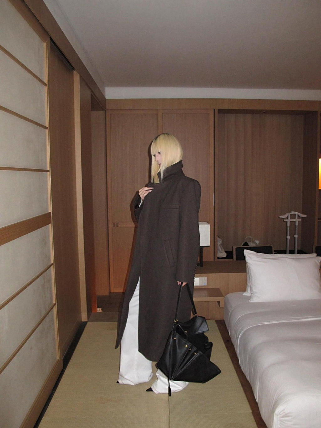 Rase le sol Coffee Brown Notched Lapel Oversized Women's Wool Long Coats