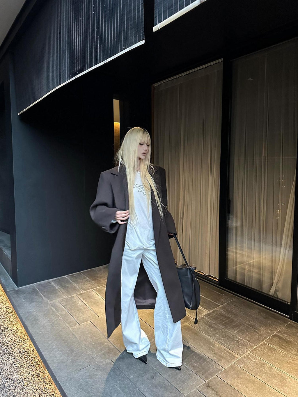 Rase le sol Coffee Brown Notched Lapel Oversized Women's Wool Long Coats