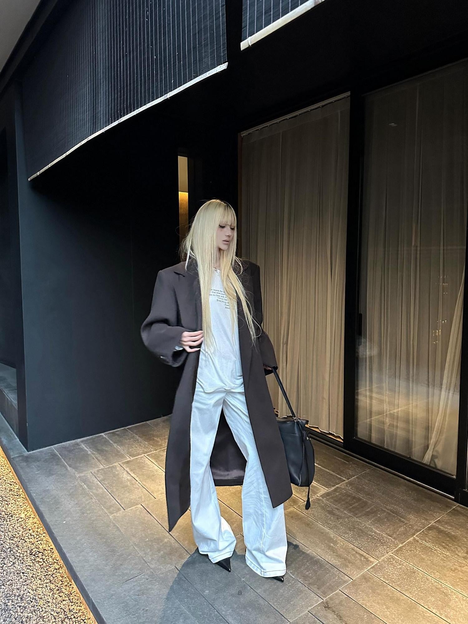 Rase le sol Coffee Brown Notched Lapel Oversized Women's Wool Long Coats