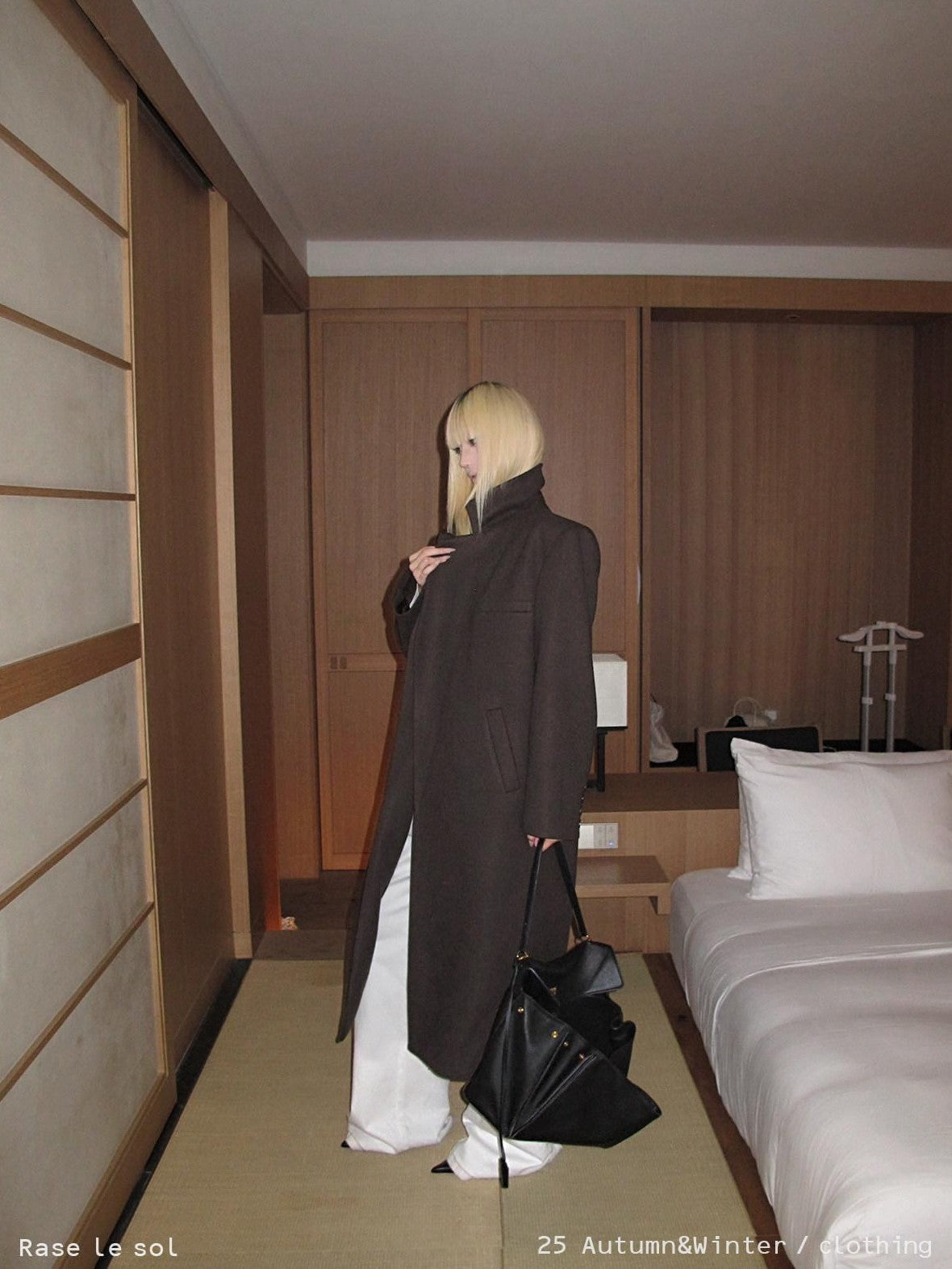 Rase le sol Coffee Brown Notched Lapel Oversized Women's Wool Long Coats
