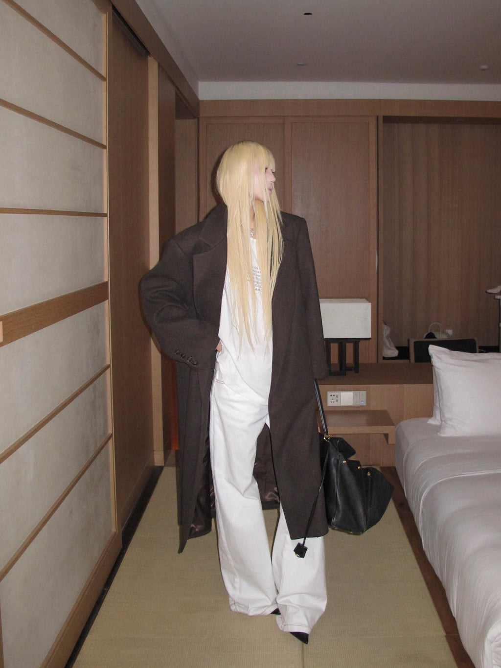 Rase le sol Coffee Brown Notched Lapel Oversized Women's Wool Long Coats