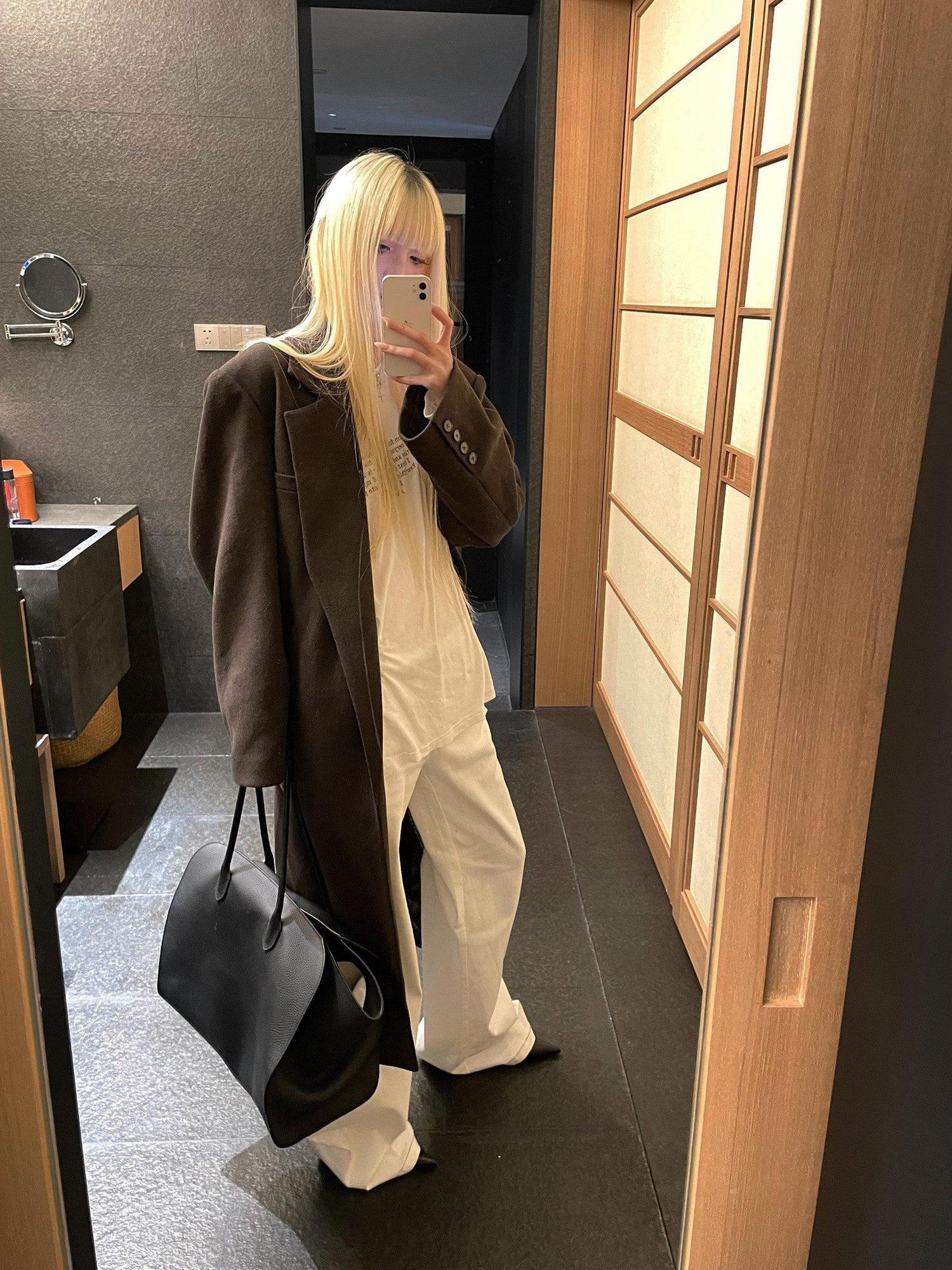 Rase le sol Coffee Brown Notched Lapel Oversized Women's Wool Long Coats