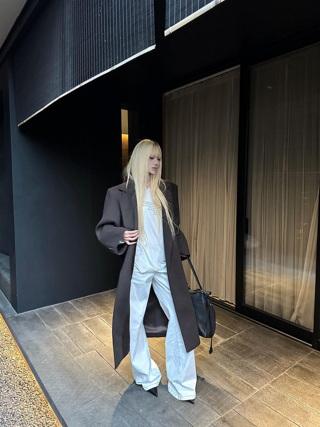 Rase le sol Coffee Brown Notched Lapel Oversized Women's Wool Long Coats