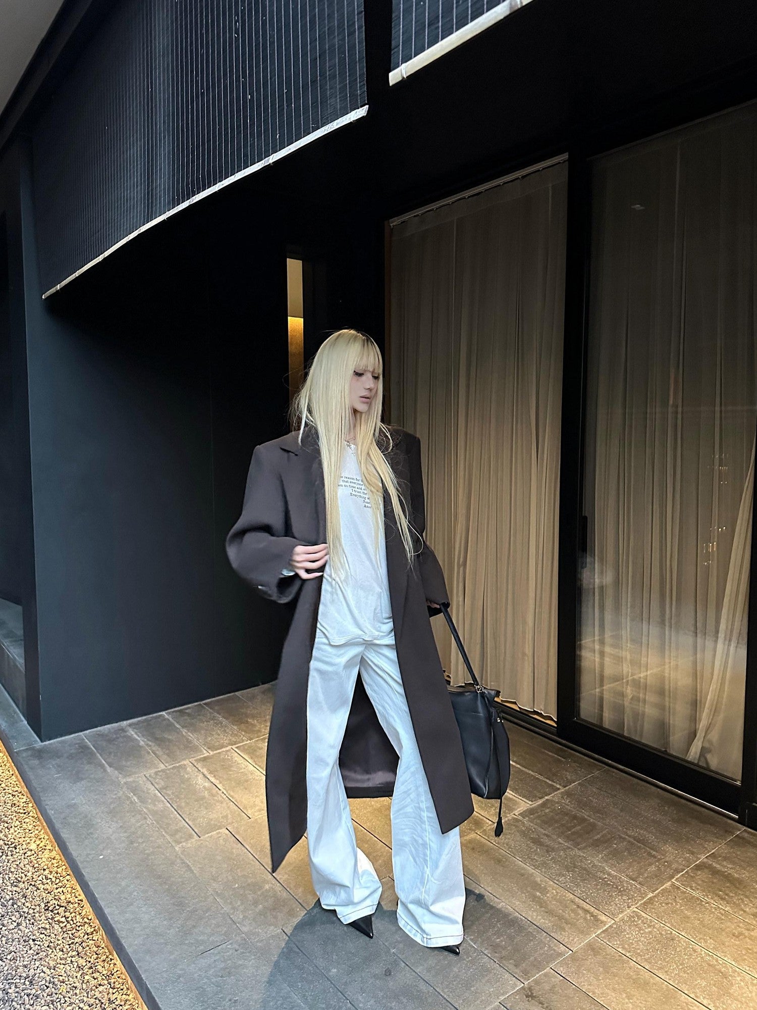Rase le sol Coffee Brown Notched Lapel Oversized Women's Wool Long Coats
