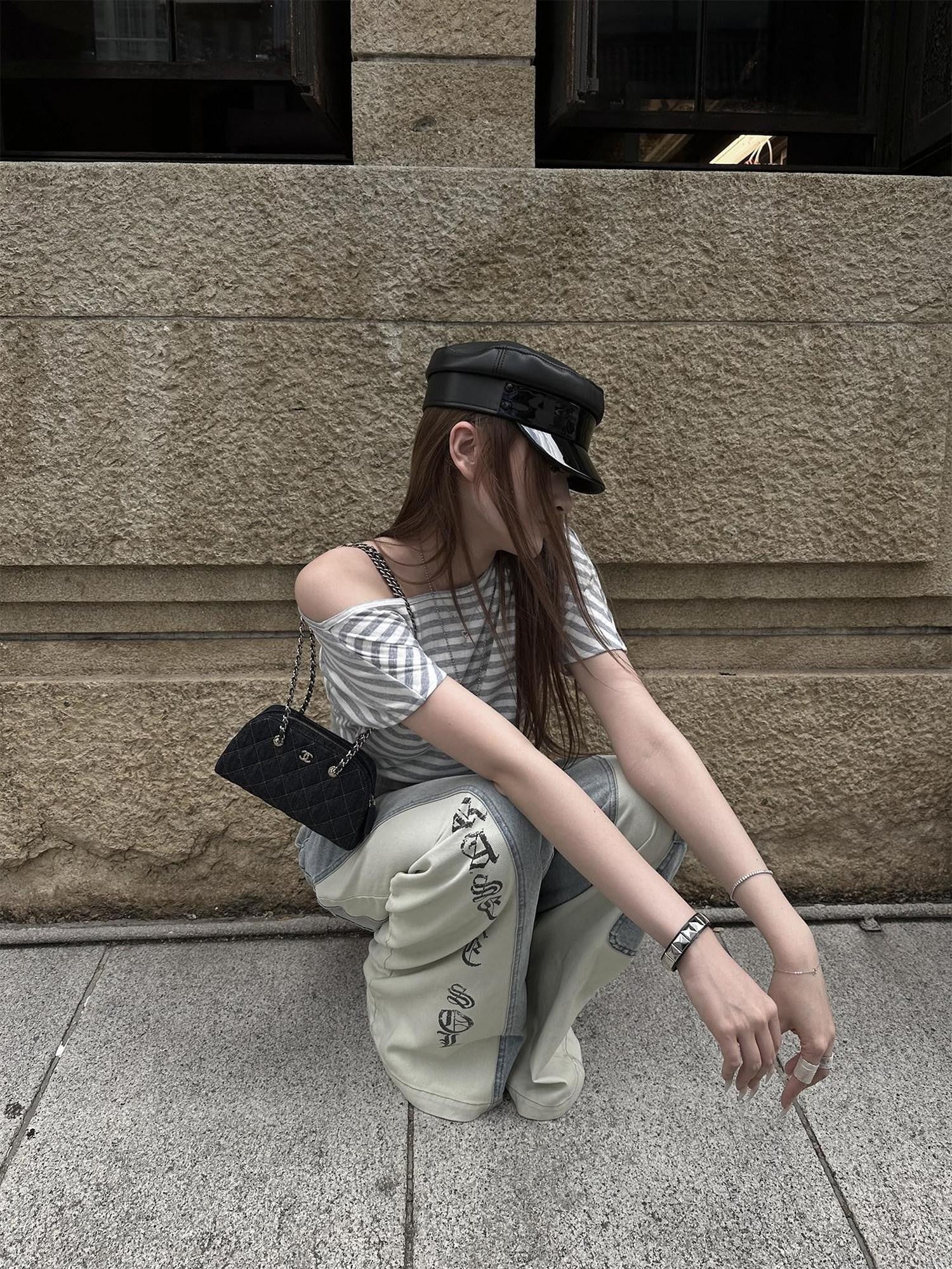 Rase le sol Color Block Contrast Panel Patchwork Relaxed Women's Denim Wide-leg Jeans