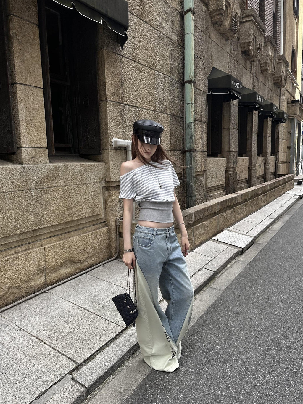 Rase le sol Color Block Contrast Panel Patchwork Relaxed Women's Denim Wide-leg Jeans