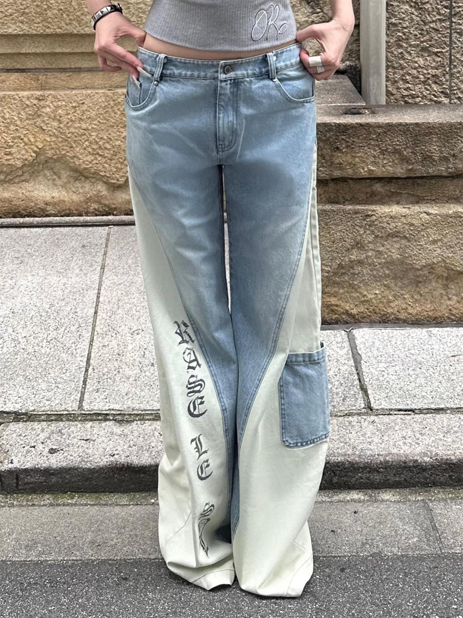 Rase le sol Color Block Contrast Panel Patchwork Relaxed Women's Denim Wide-leg Jeans