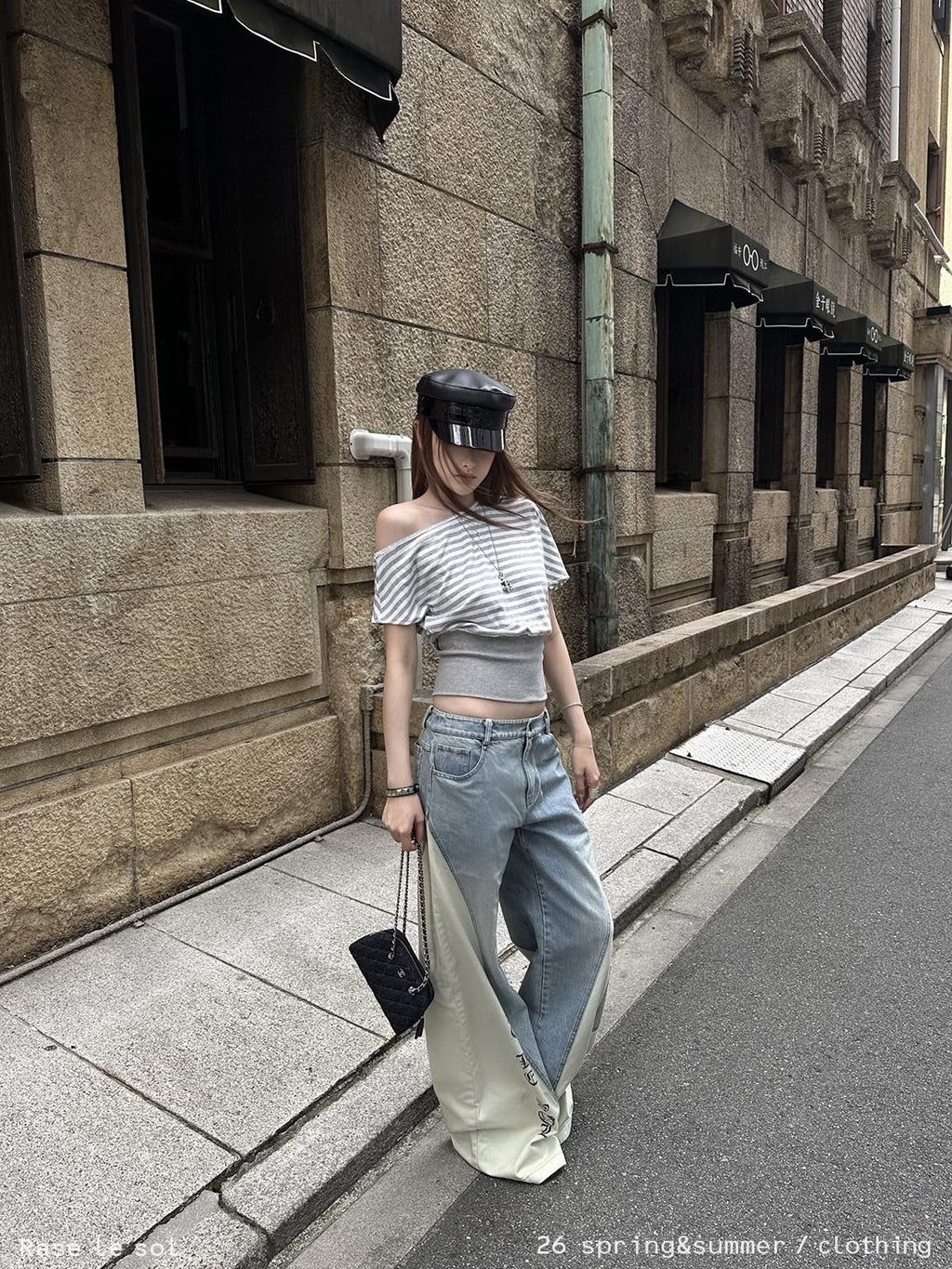 Rase le sol Color Block Contrast Panel Patchwork Relaxed Women's Denim Wide-leg Jeans