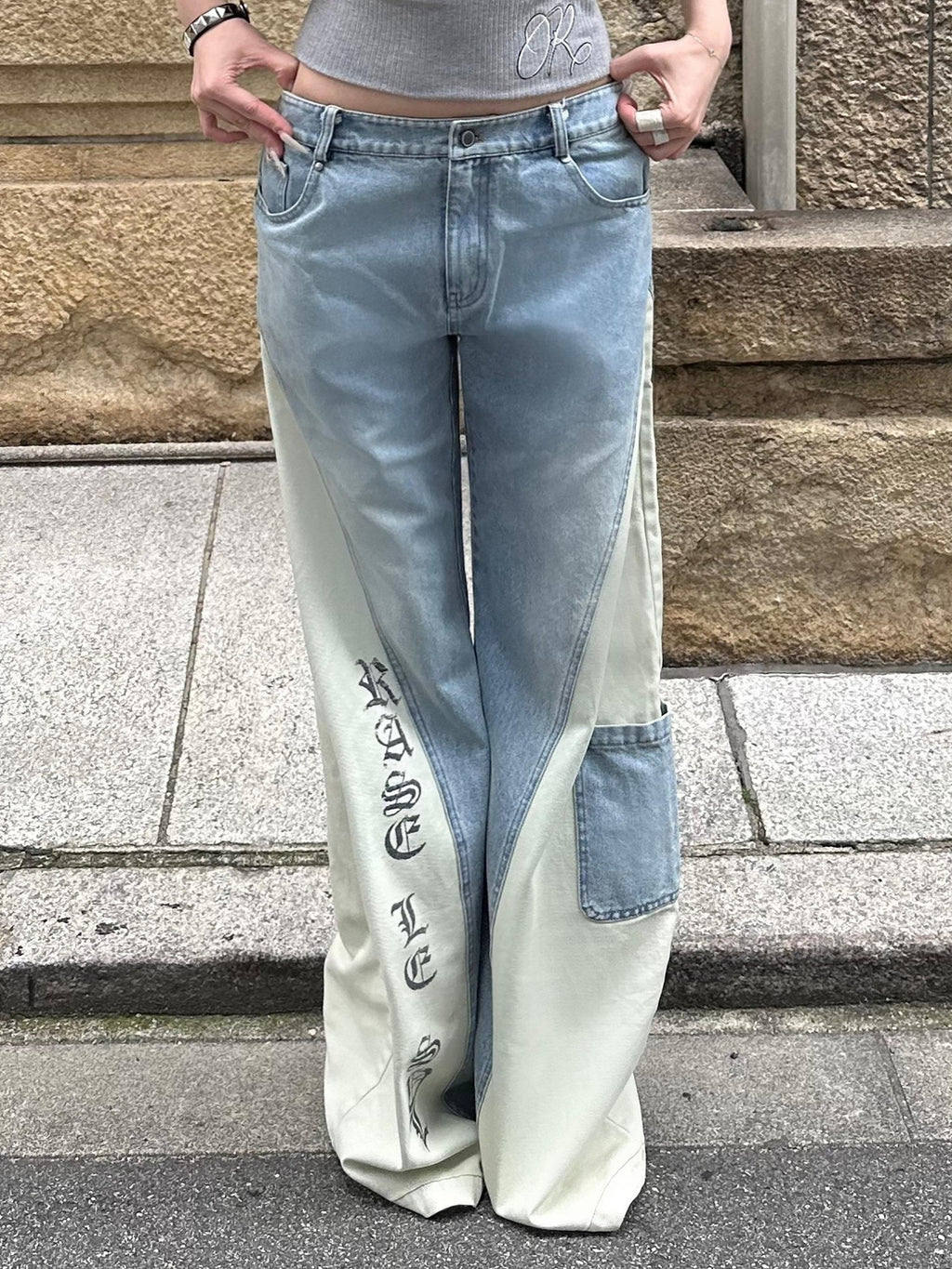 Rase le sol Color Block Contrast Panel Patchwork Relaxed Women's Denim Wide-leg Jeans