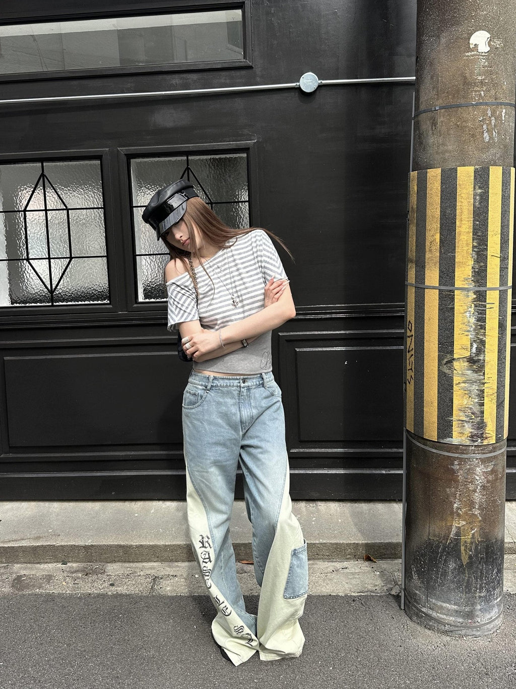 Rase le sol Color Block Contrast Panel Patchwork Relaxed Women's Denim Wide-leg Jeans