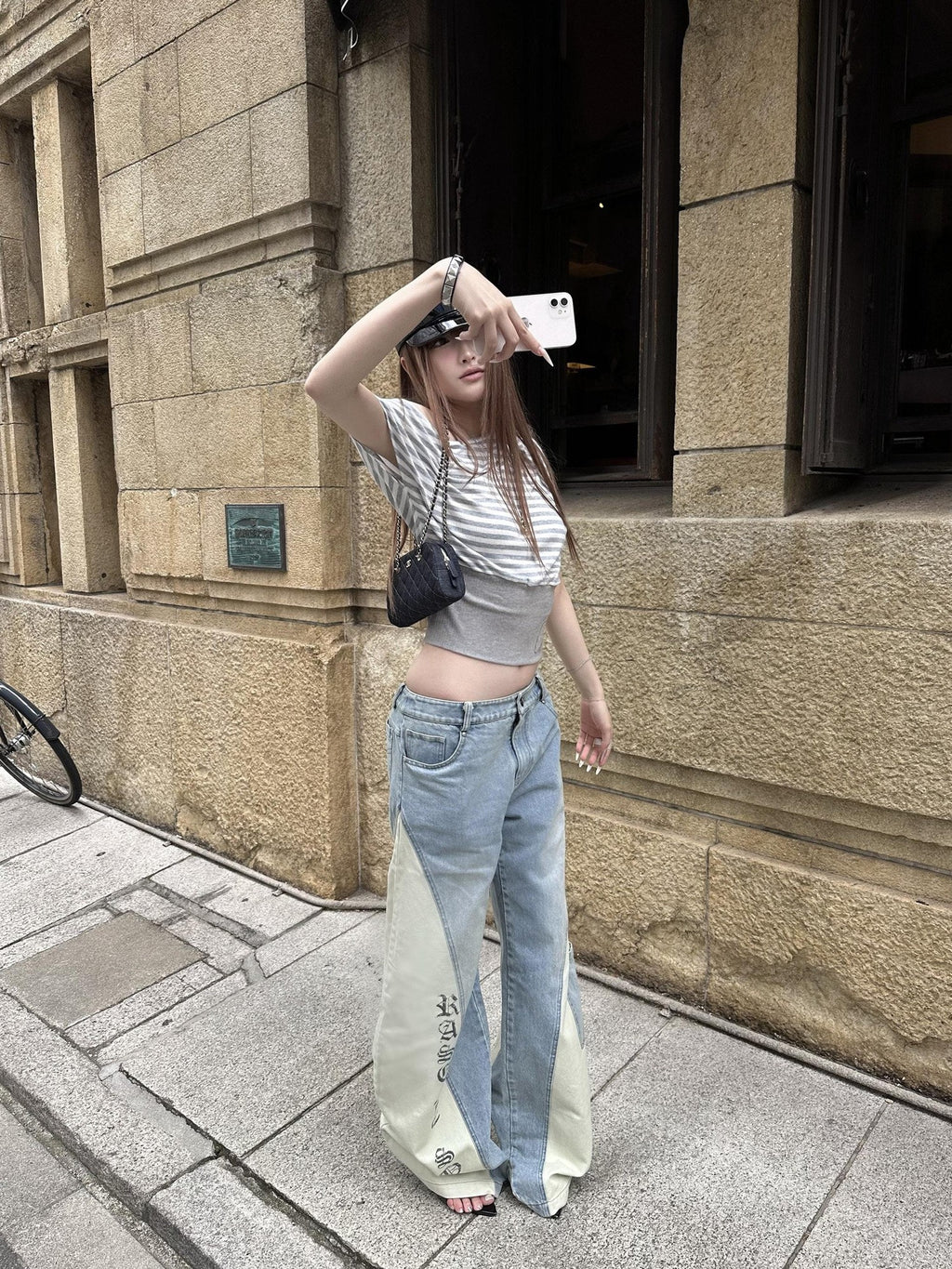 Rase le sol Color Block Contrast Panel Patchwork Relaxed Women's Denim Wide-leg Jeans