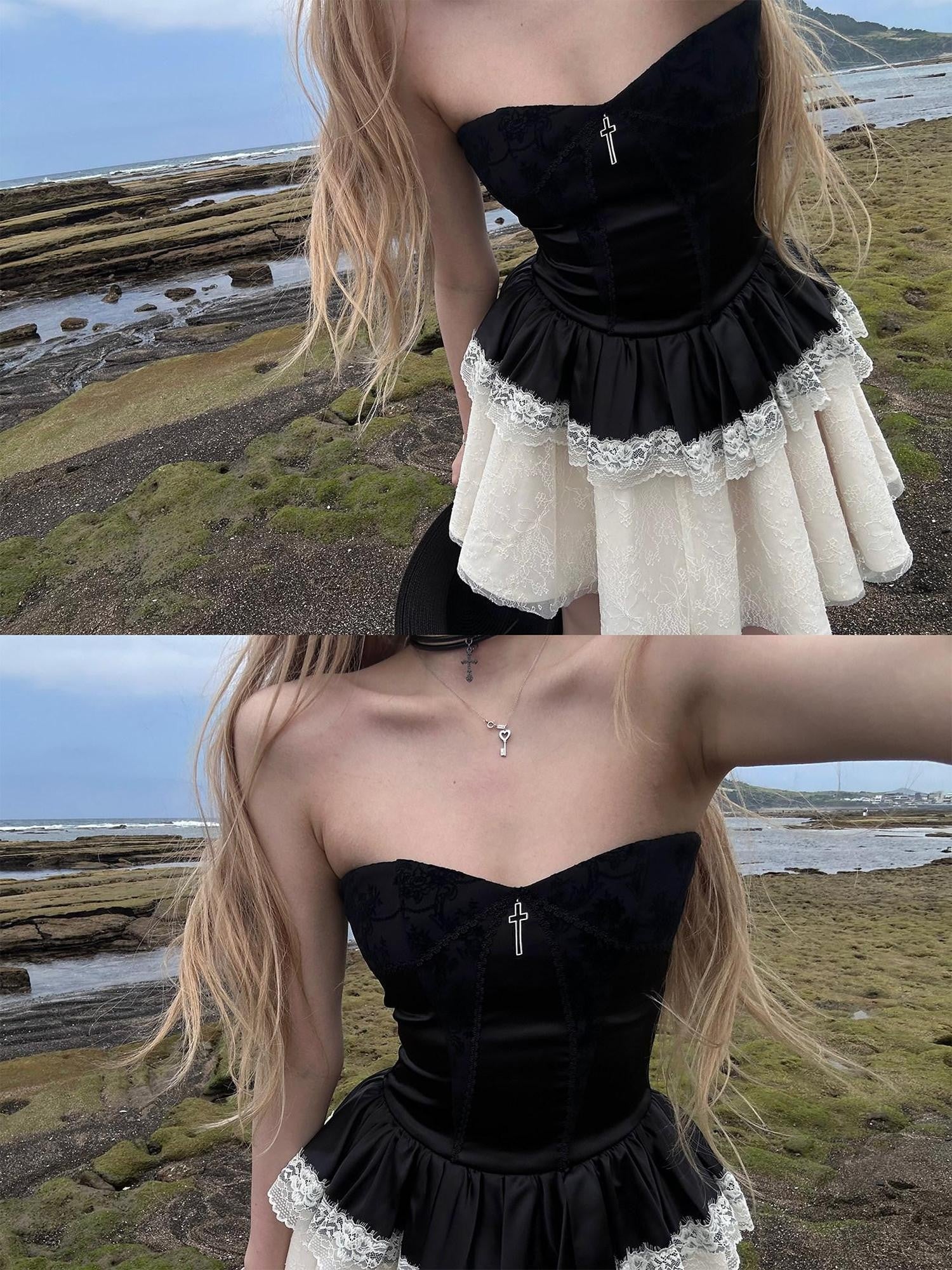 Rase le sol Color Block Lace Splice Strapless Bustier Women's Tube Mini Dresses