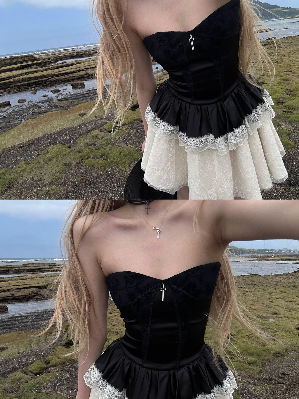 Rase le sol Color Block Lace Splice Strapless Bustier Women's Tube Mini Dresses