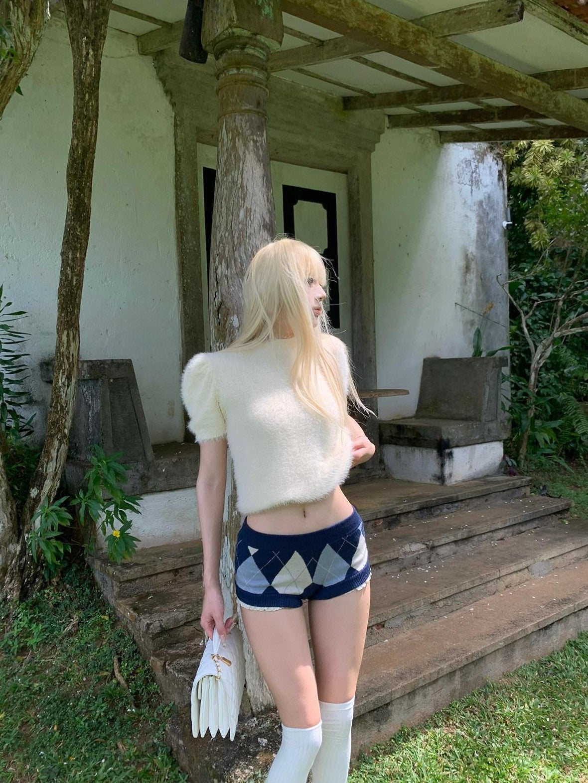 Rase le sol Colorblock Argyle Lace Trim Low Rise Sexy Women's Plush Knit Hot Pants