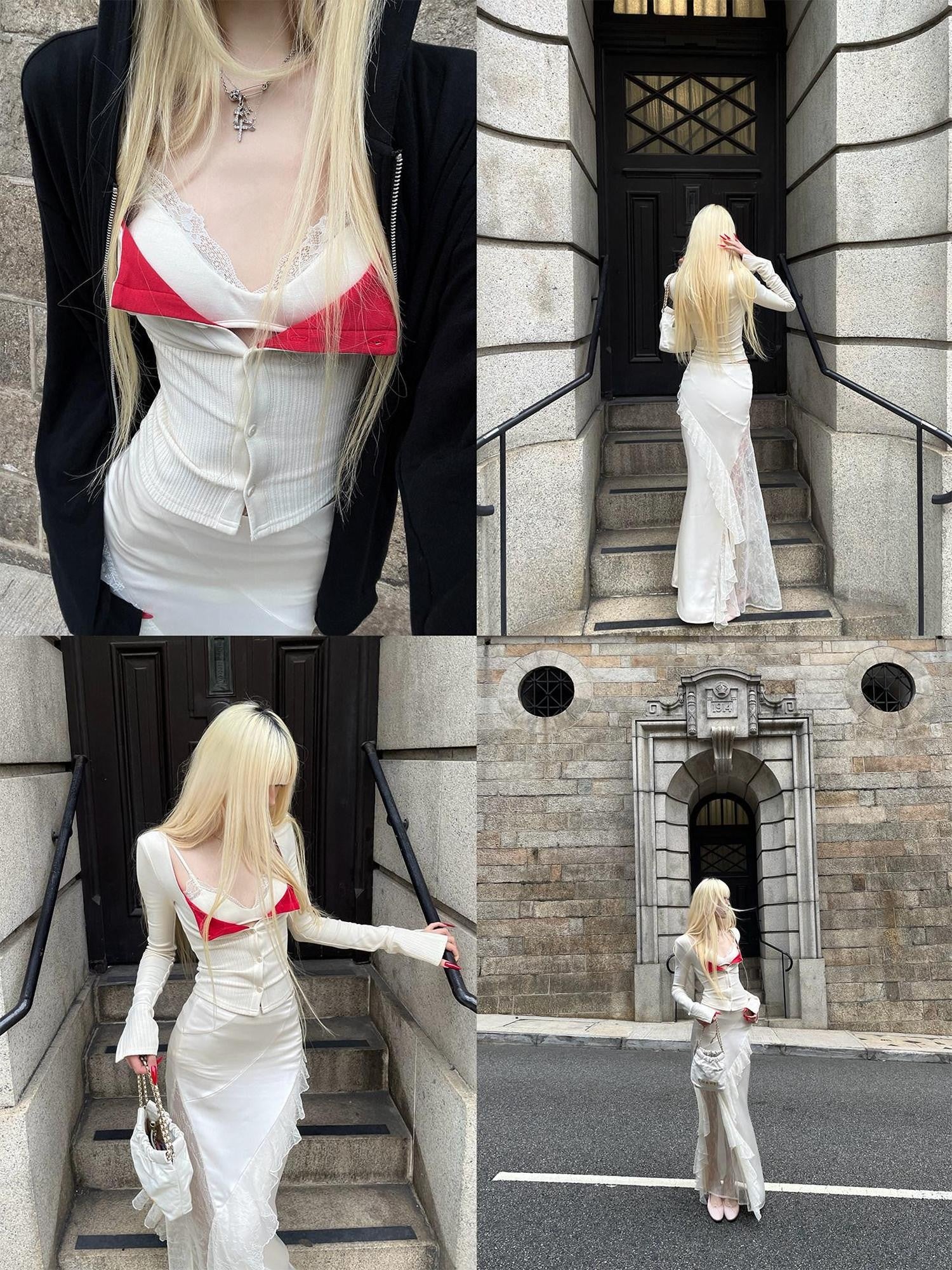 Rase le sol Colorblock Knit Cardigan Lace Trim Slip Women's Knit Lace Matching Skirt Sets