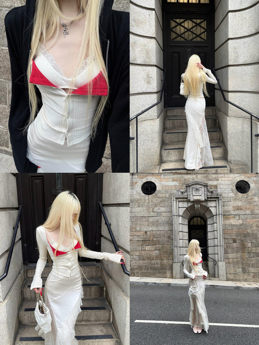 Rase le sol Colorblock Knit Cardigan Lace Trim Slip Women's Knit Lace Matching Skirt Sets
