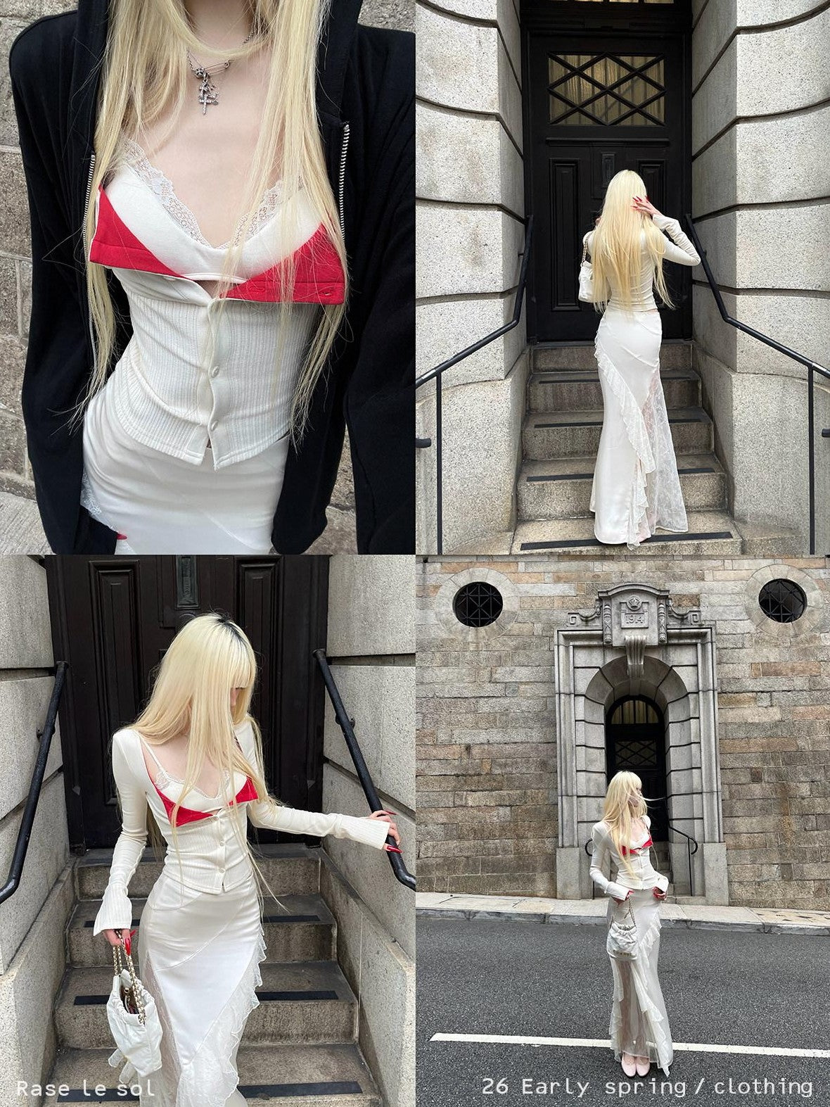 Rase le sol Colorblock Knit Cardigan Lace Trim Slip Women's Knit Lace Matching Skirt Sets