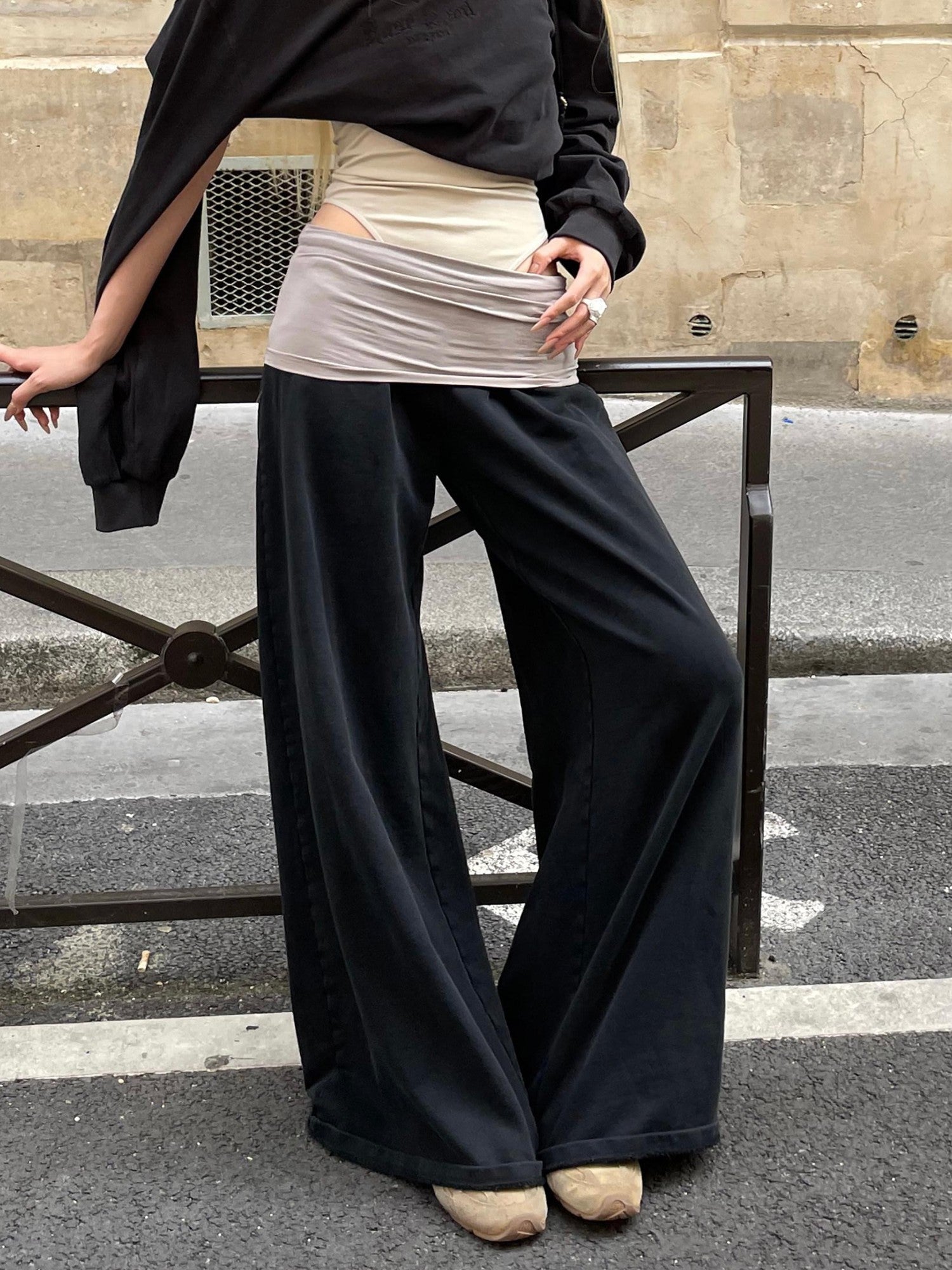 Rase le sol Colorblock Patchwork Tactical Waist Relaxed Casual Women's Wide-leg Pants