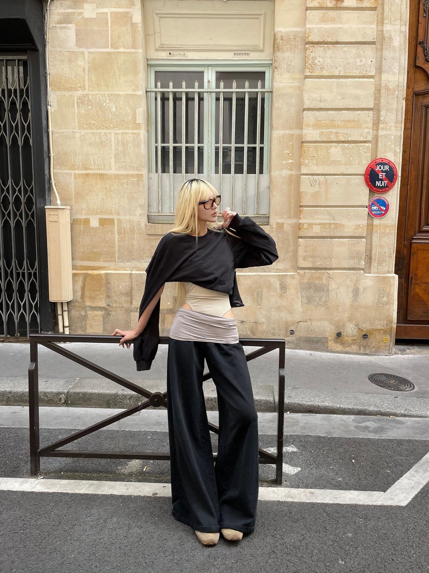 Rase le sol Colorblock Patchwork Tactical Waist Relaxed Casual Women's Wide-leg Pants