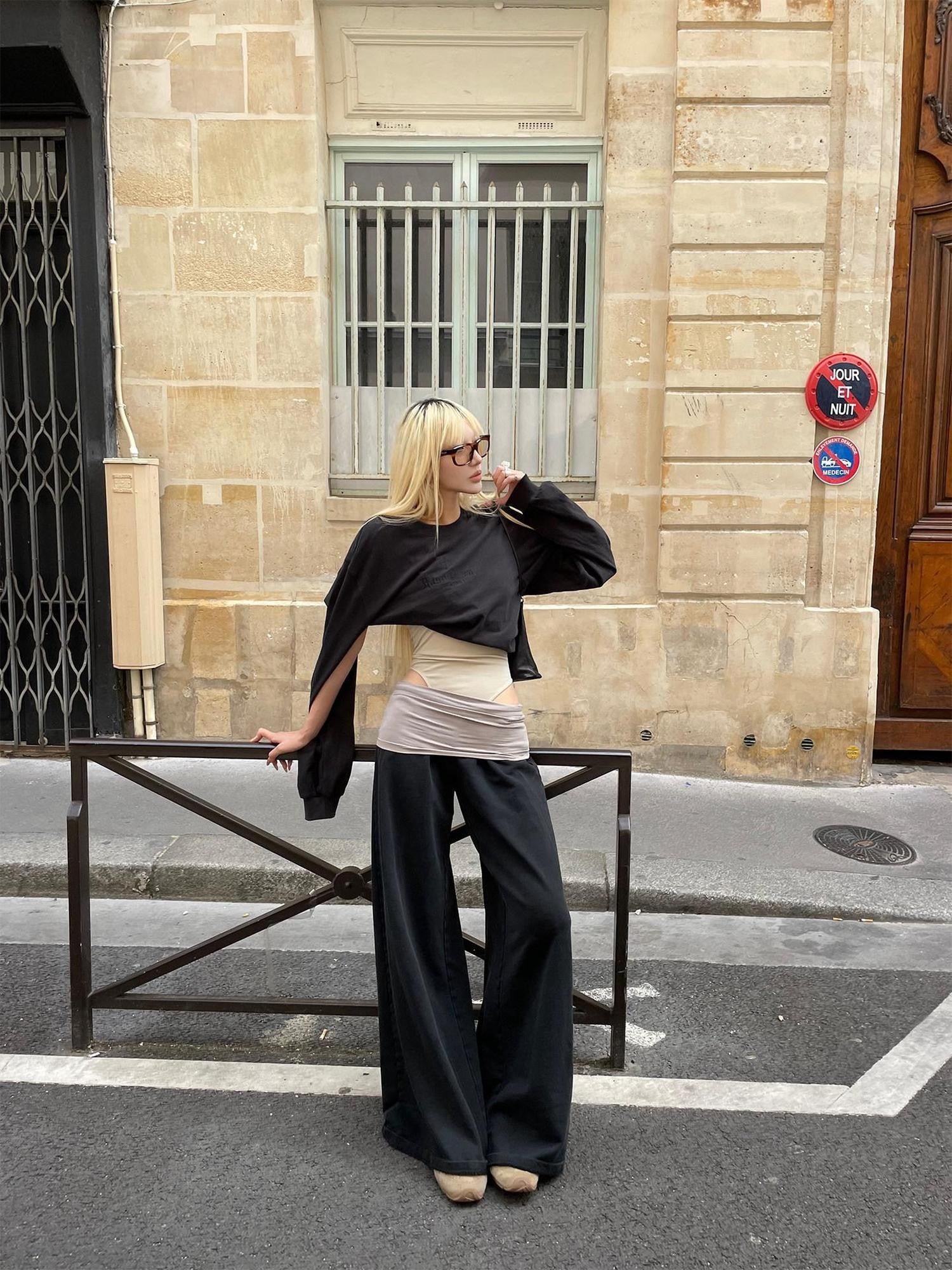 Rase le sol Colorblock Patchwork Tactical Waist Relaxed Casual Women's Wide-leg Pants