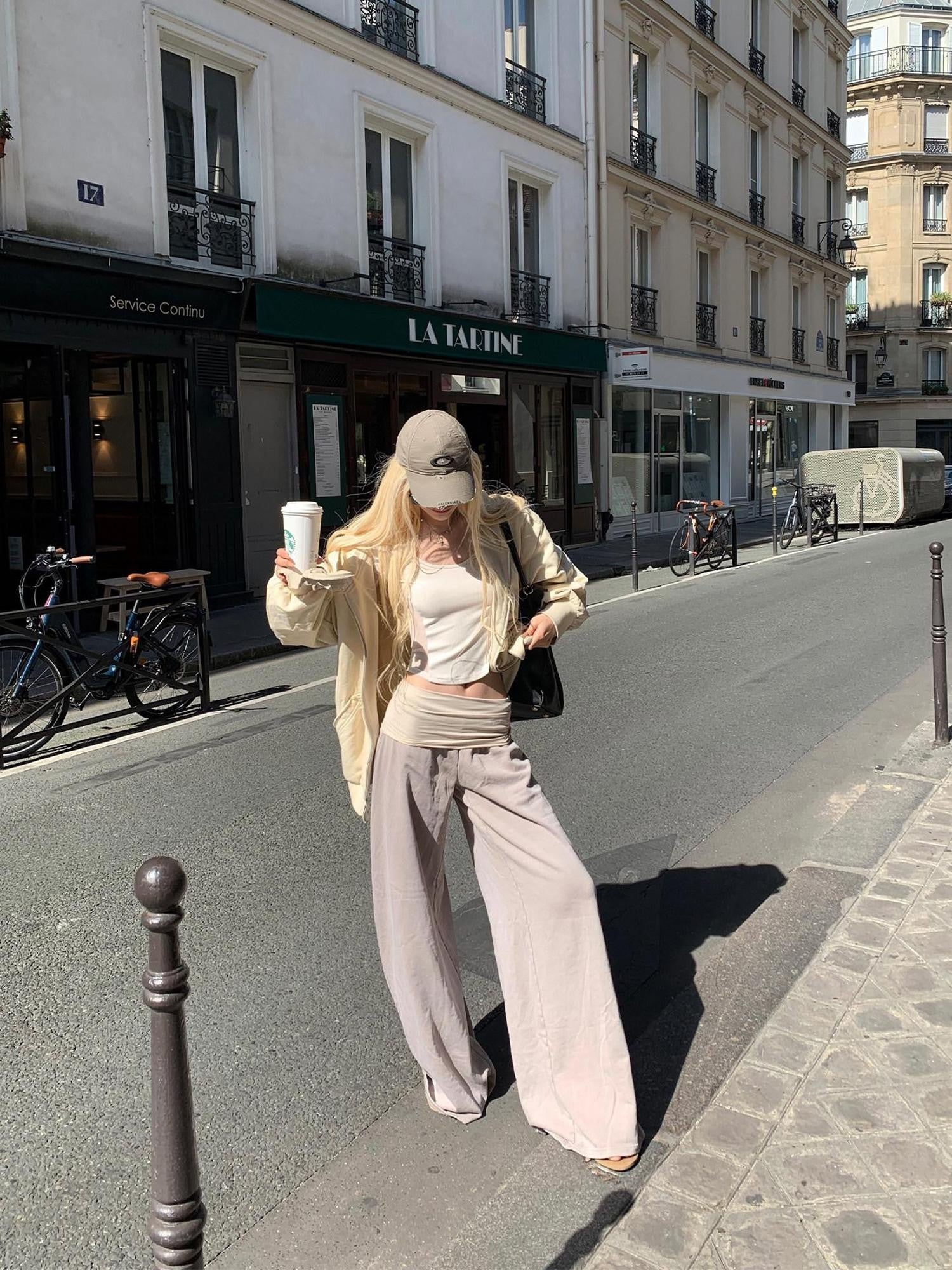 Rase le sol Colorblock Patchwork Tactical Waist Relaxed Casual Women's Wide-leg Pants