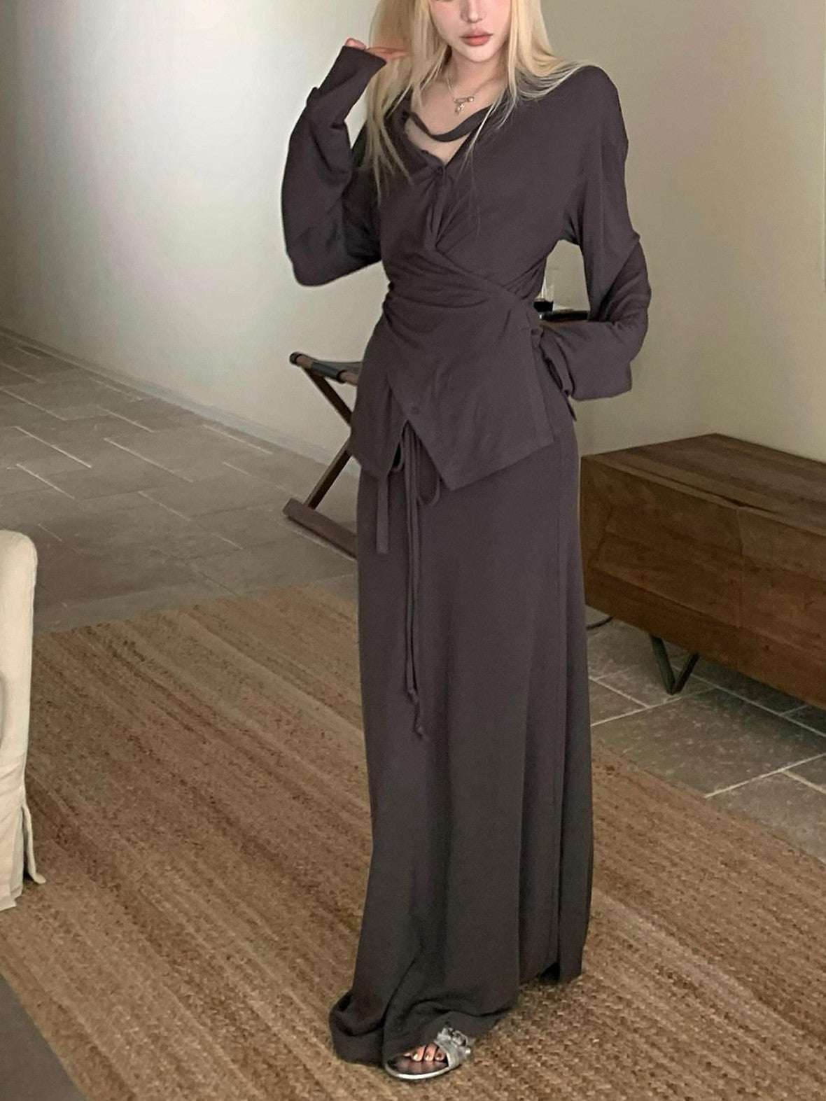Rase le sol Cool Relaxed Fit Asymmetrical Long Sleeve Women's Matching Skirt Sets