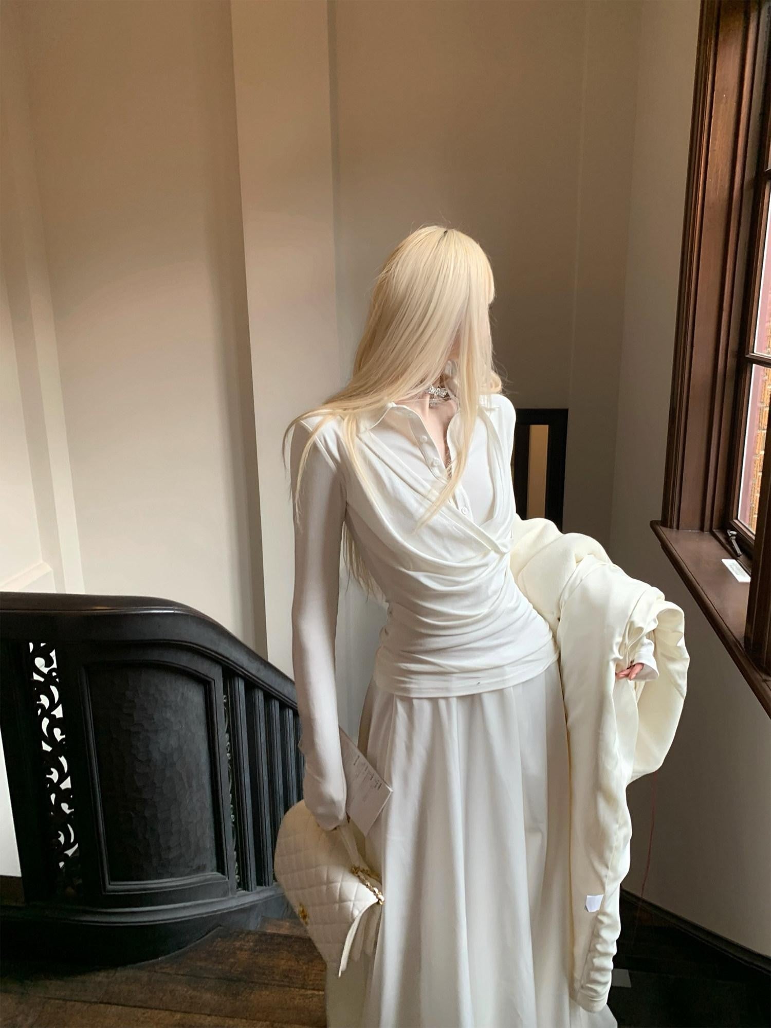 Rase le sol Cowl Neck Faux Layered Slim Fit Women's Long Sleeve T-shirts