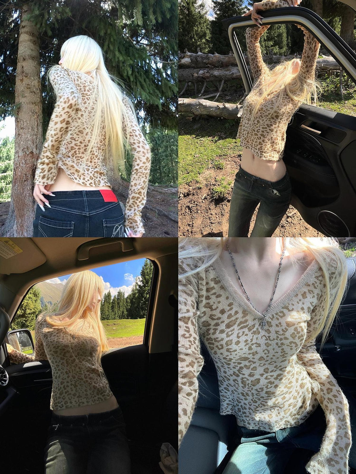 Rase le sol Cream Leopard Print V-neck Slim Fit Long Sleeve Knit Women's Sweaters