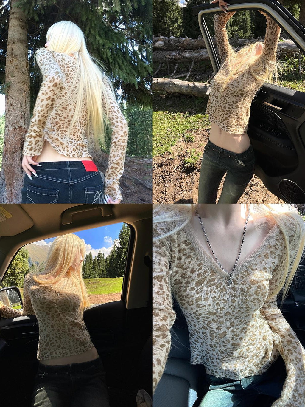 Rase le sol Cream Leopard Print V-neck Slim Fit Long Sleeve Knit Women's Sweaters