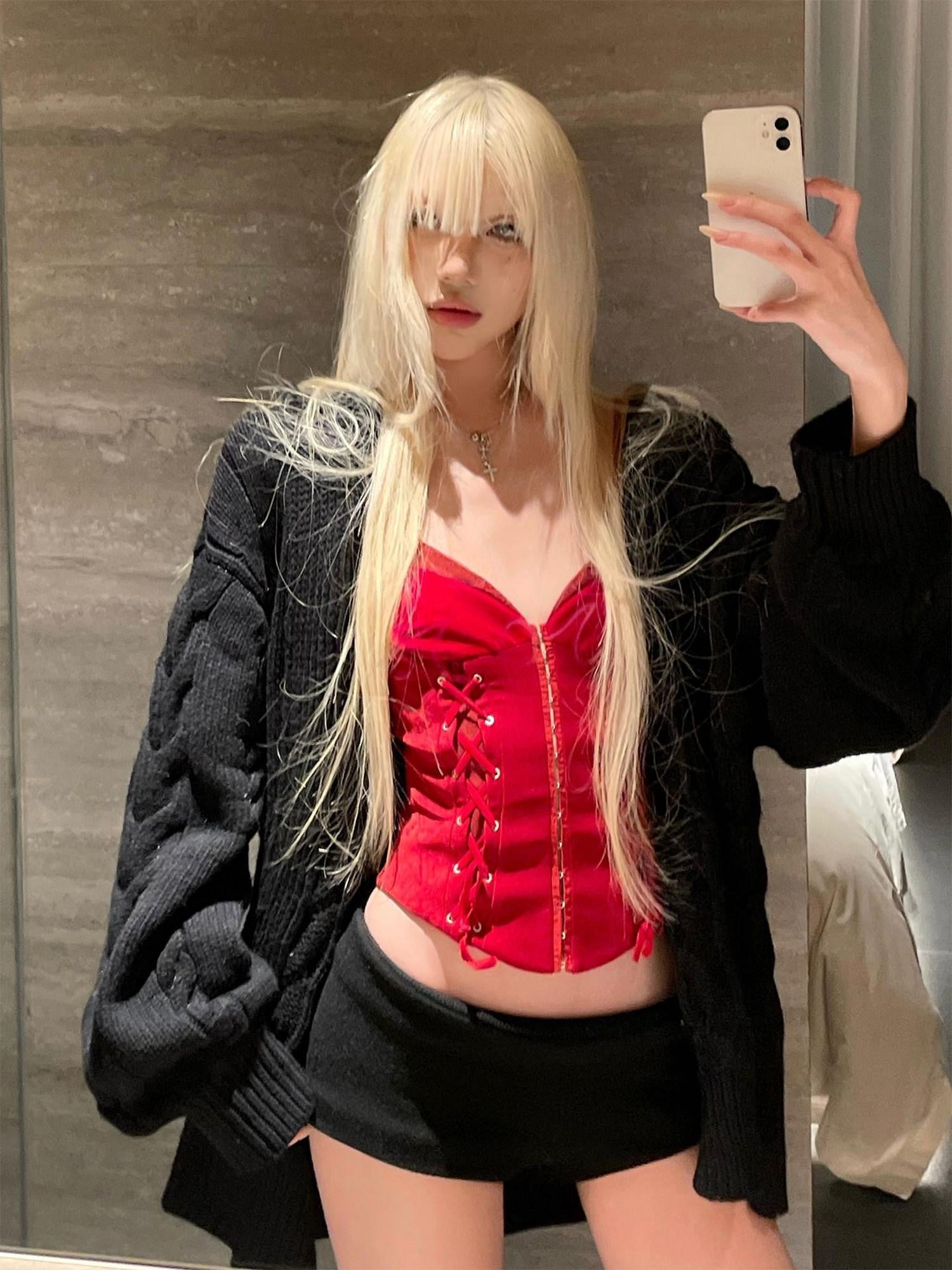 Rase le sol Crimson Lace Up Tie Waist Spaghetti Strap Women's Velvet Camisoles