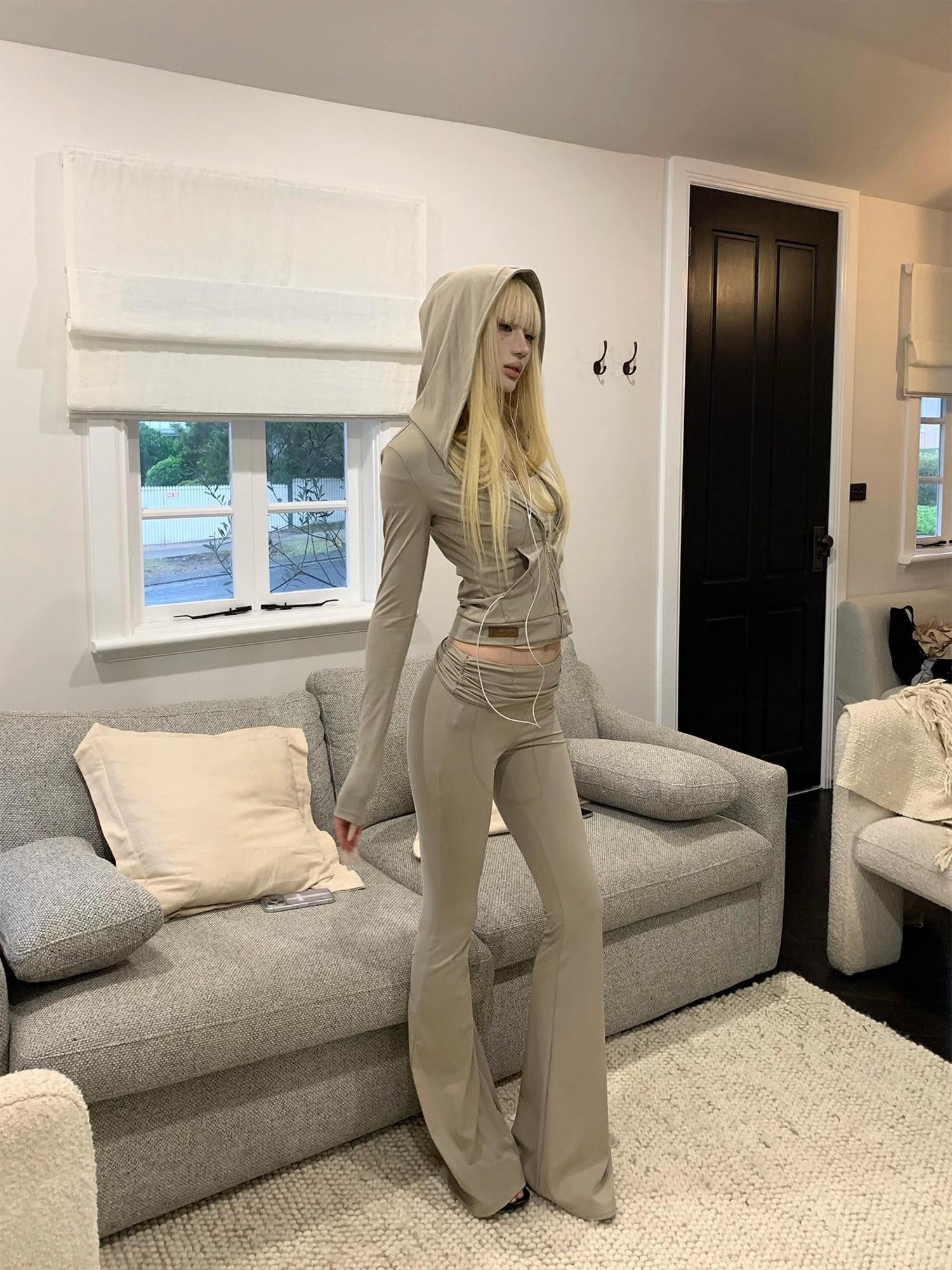 Rase le sol Cropped Slim Fit Yoga Jacket Foldover Micro Flare Pants Women's Tracksuit Sets