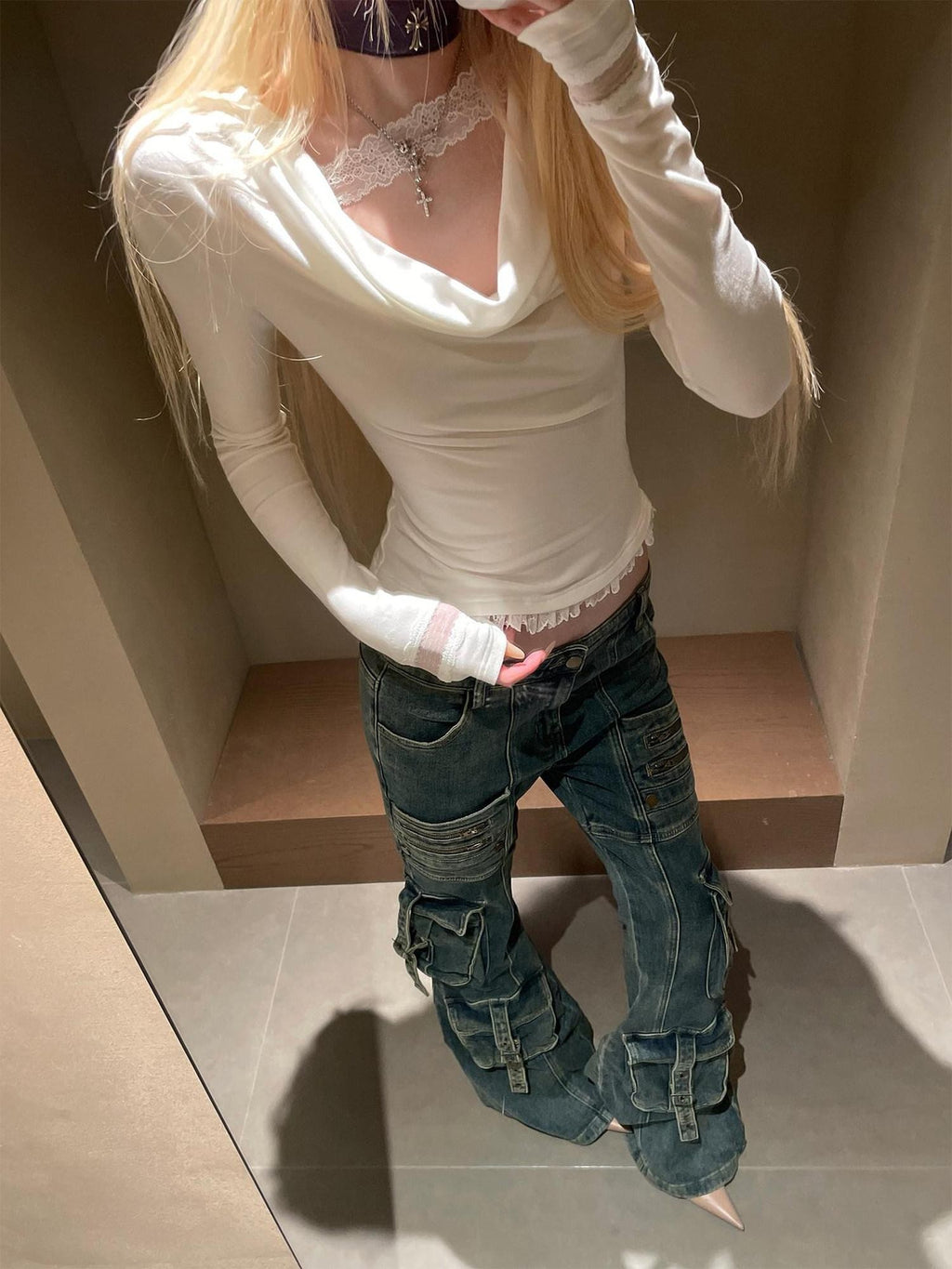 Rase le sol Cross Back Lace Scoop Neck Women's Lace Trim Long Sleeve T-shirts