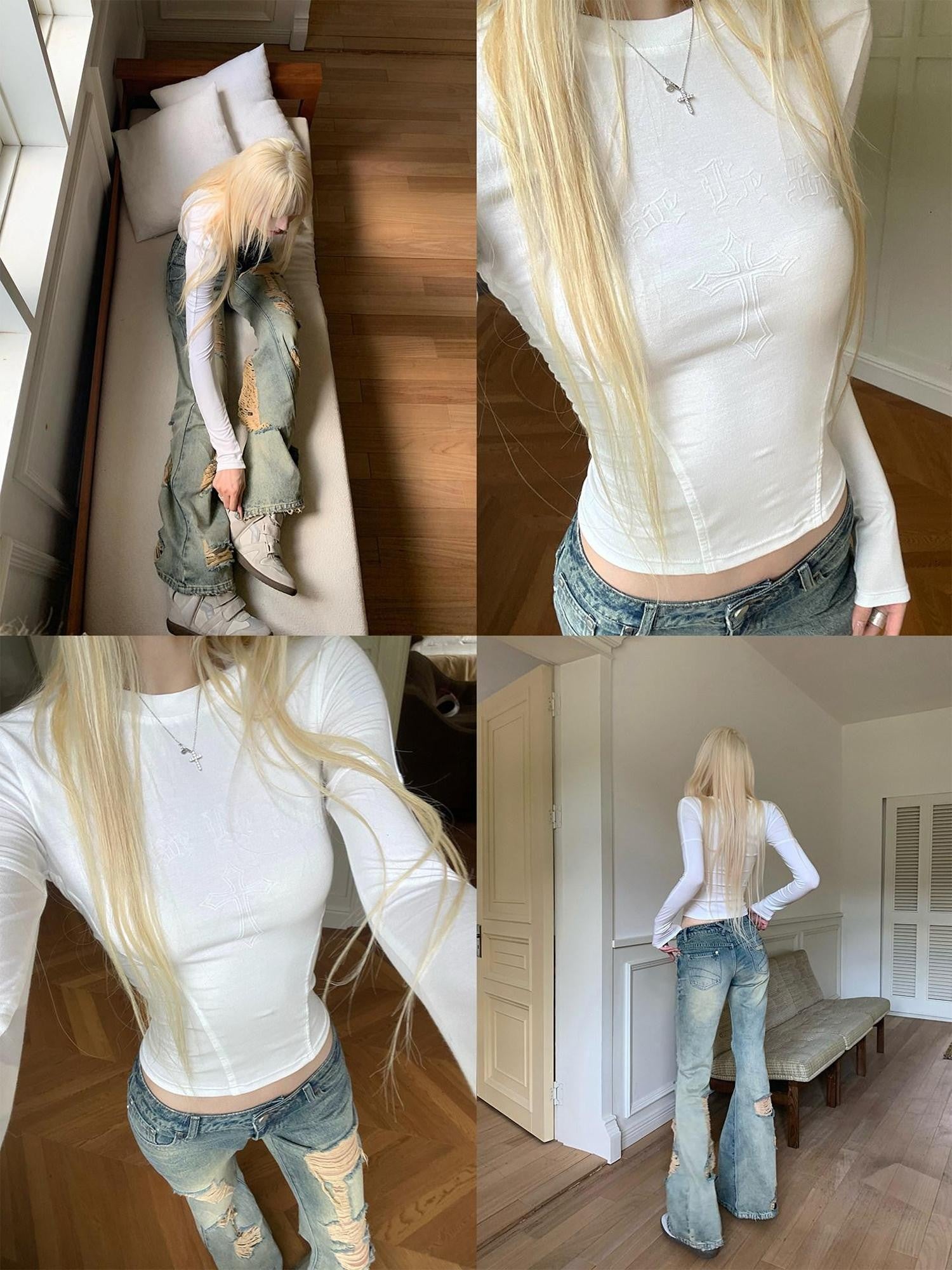 Rase le sol Cross Curve Flocked Print Slim Waist Cropped Women's Long Sleeve T-shirts