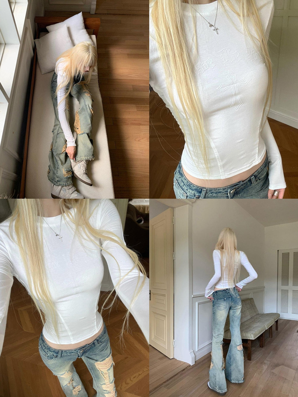 Rase le sol Cross Curve Flocked Print Slim Waist Cropped Women's Long Sleeve T-shirts