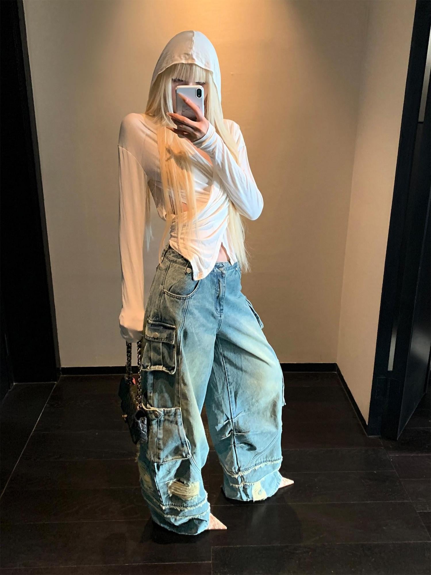 Rase le sol Crossover Draped Hooded Slim Cropped Women's Long Sleeve T-shirts