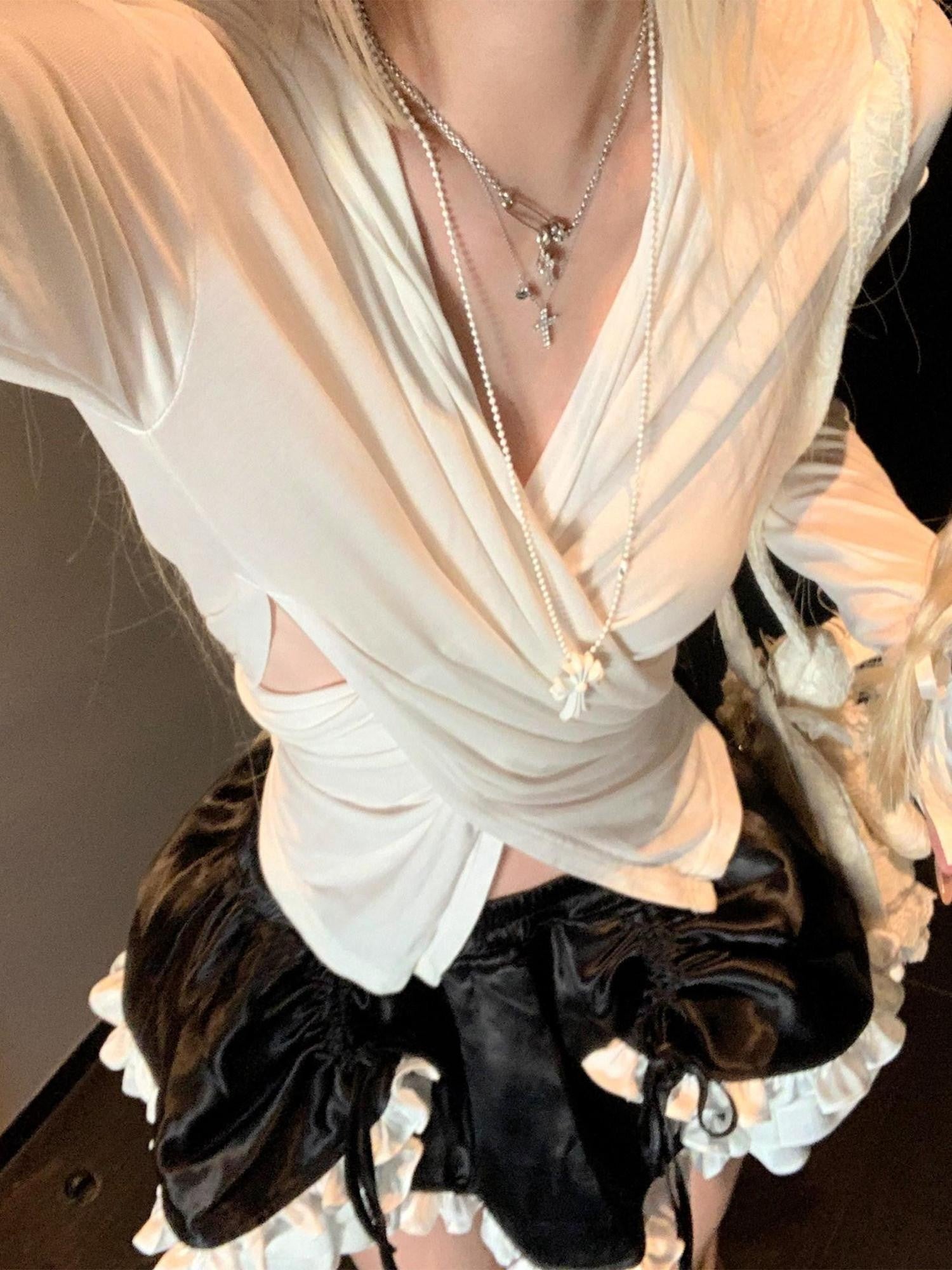 Rase le sol Crossover Draped Hooded Slim Cropped Women's Long Sleeve T-shirts