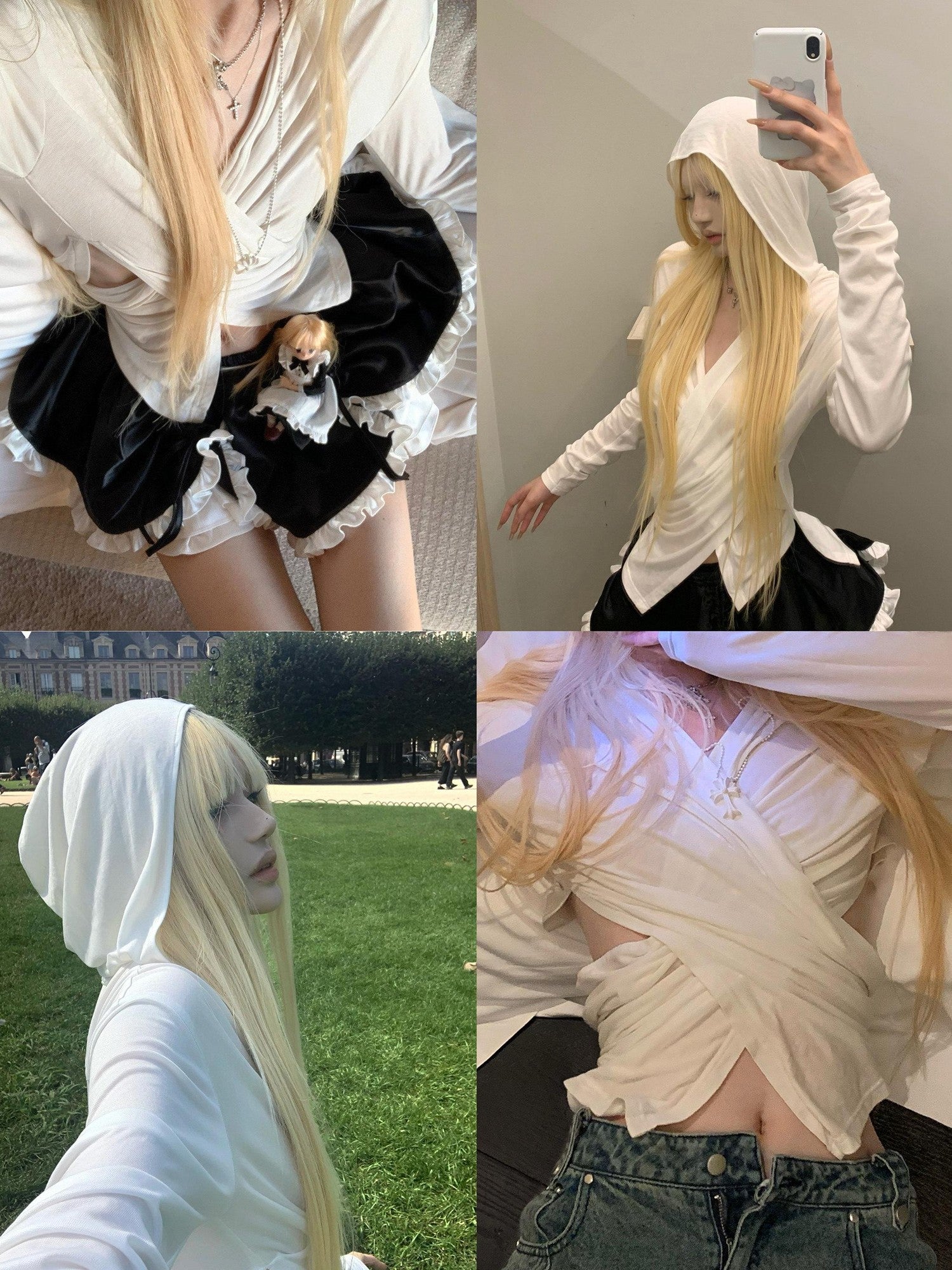 Rase le sol Crossover Draped Hooded Slim Cropped Women's Long Sleeve T-shirts