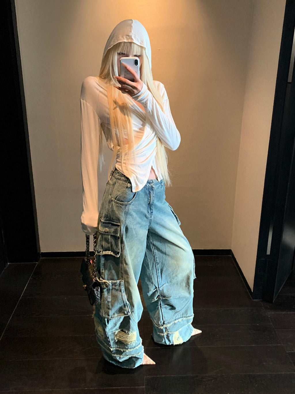 Rase le sol Crossover Draped Hooded Slim Cropped Women's Long Sleeve T-shirts