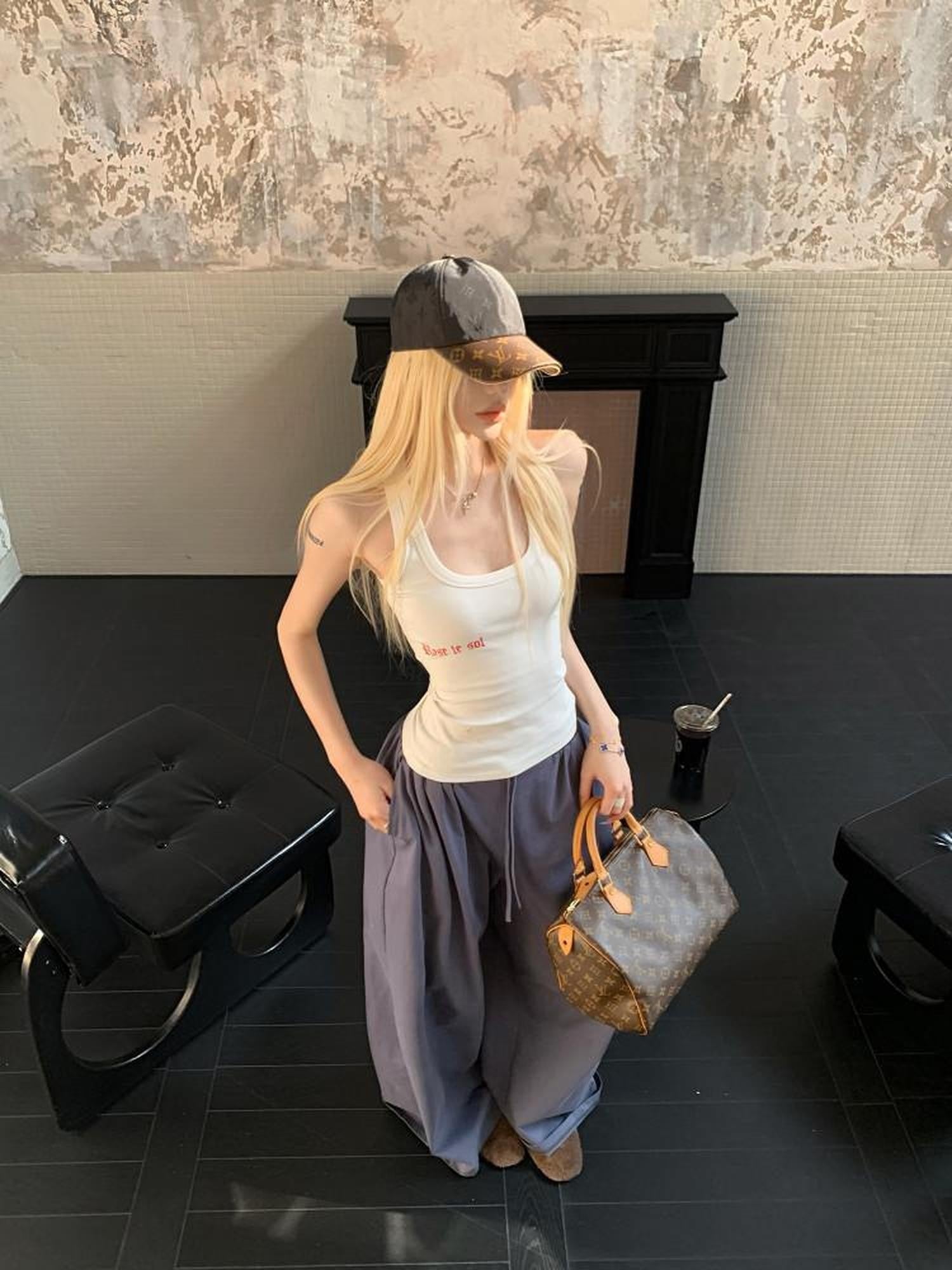 Rase le sol Dark Navy Relaxed Drape Loose Straight Women's Wide-leg Pants