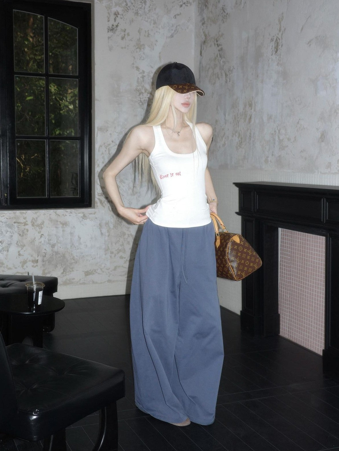 Rase le sol Dark Navy Relaxed Drape Loose Straight Women's Wide-leg Pants