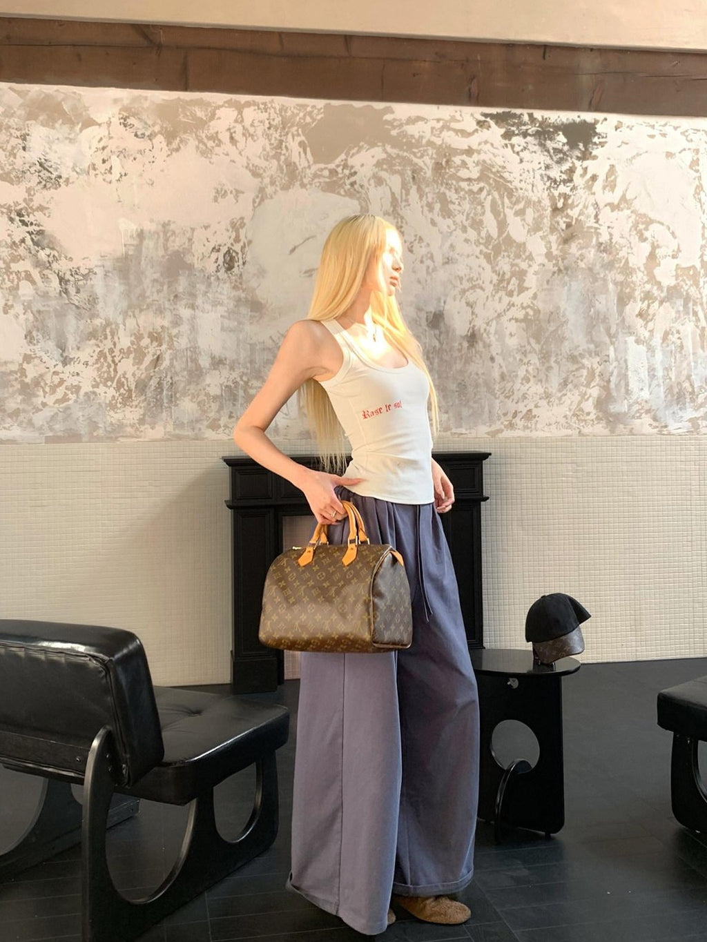 Rase le sol Dark Navy Relaxed Drape Loose Straight Women's Wide-leg Pants