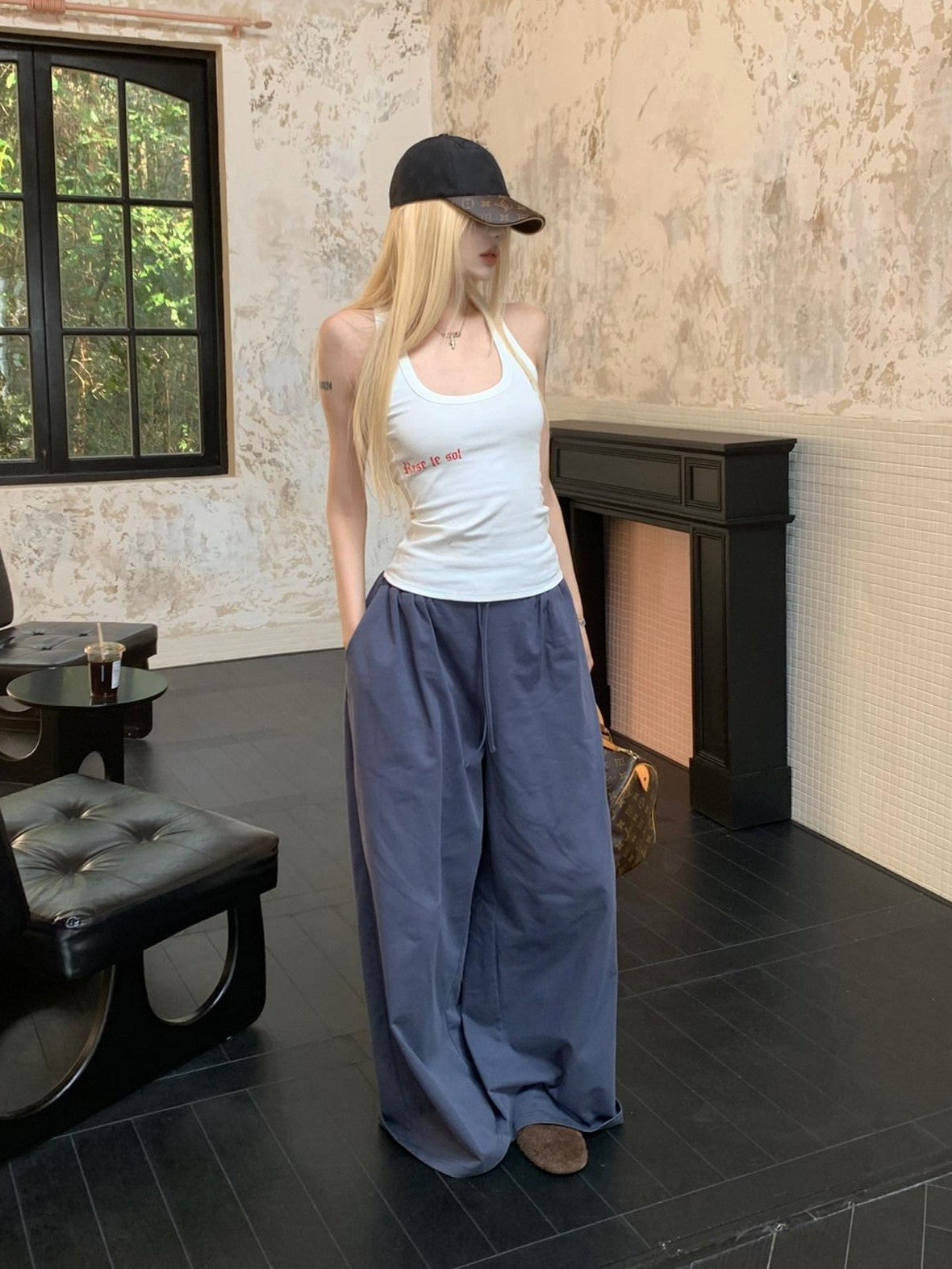 Rase le sol Dark Navy Relaxed Drape Loose Straight Women's Wide-leg Pants