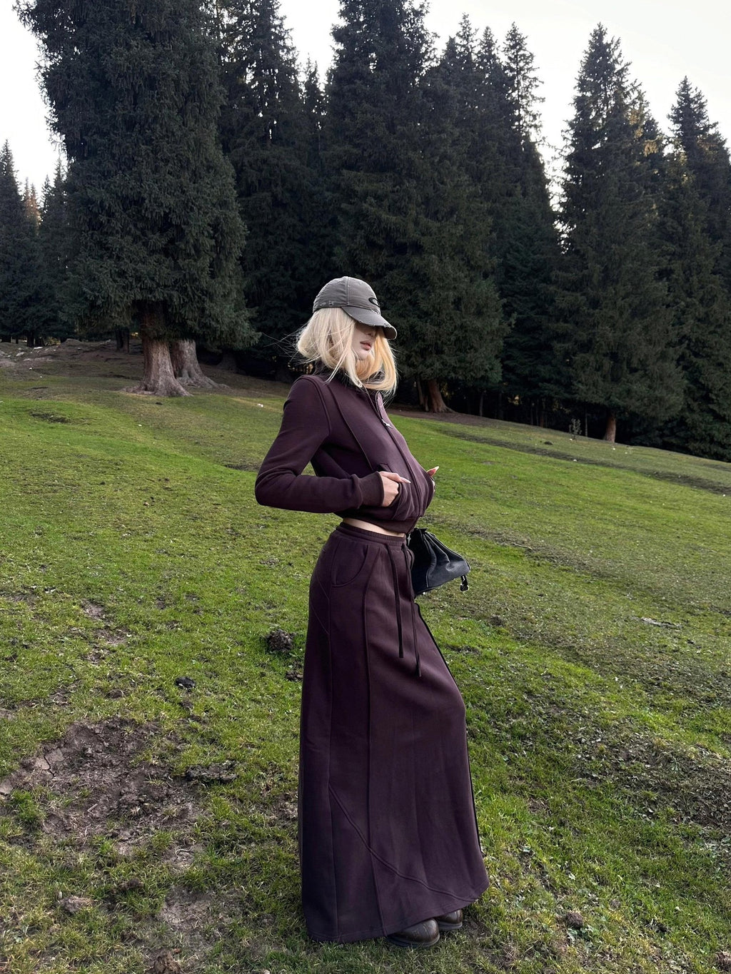 Rase le sol Dark Purple Zip Up Sweatshirt Jacket Women's Midi Skirt Matching Skirt Sets