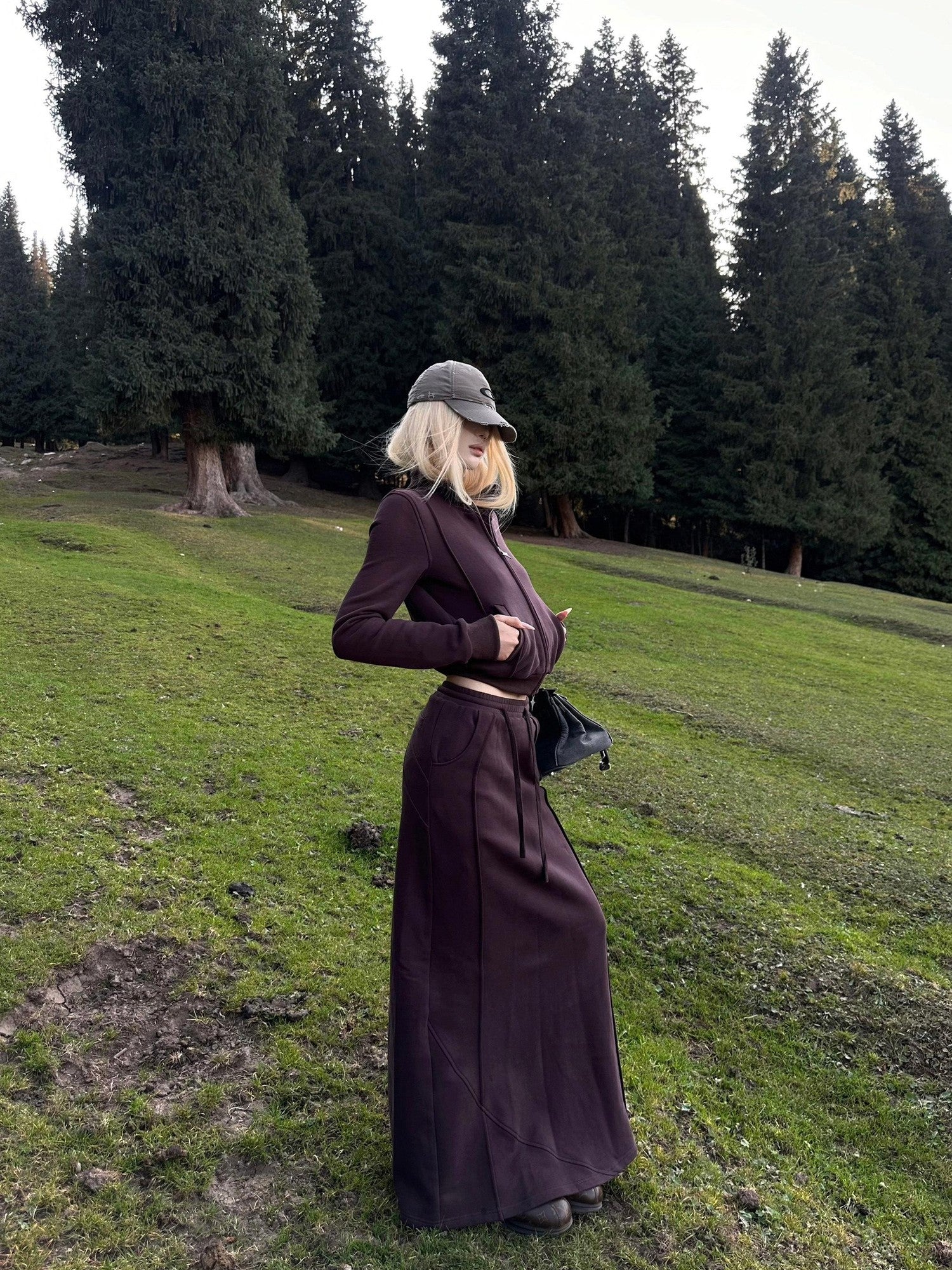 Rase le sol Dark Purple Zip Up Sweatshirt Jacket Women's Midi Skirt Matching Skirt Sets